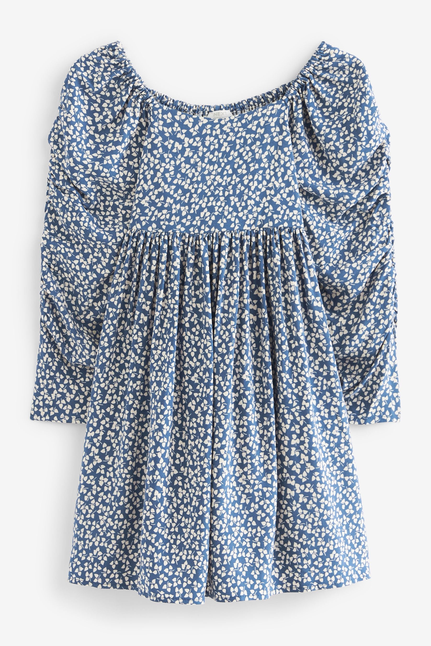 Blue Ditsy Printed Ruched Sleeve Dress (3-16yrs)