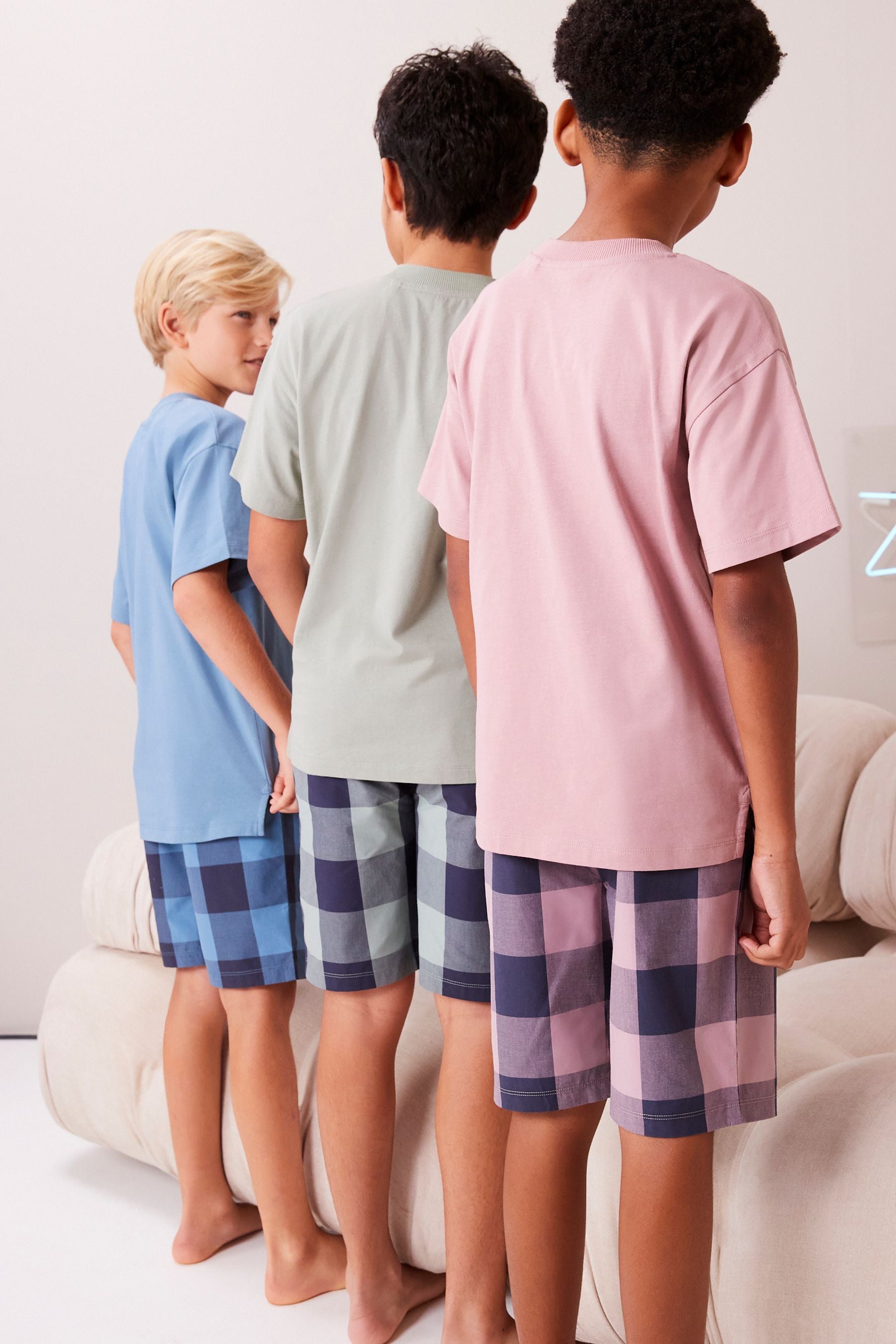 Khaki/Lilac Woven Check Short Pyjamas 3 Pack (3-16yrs)