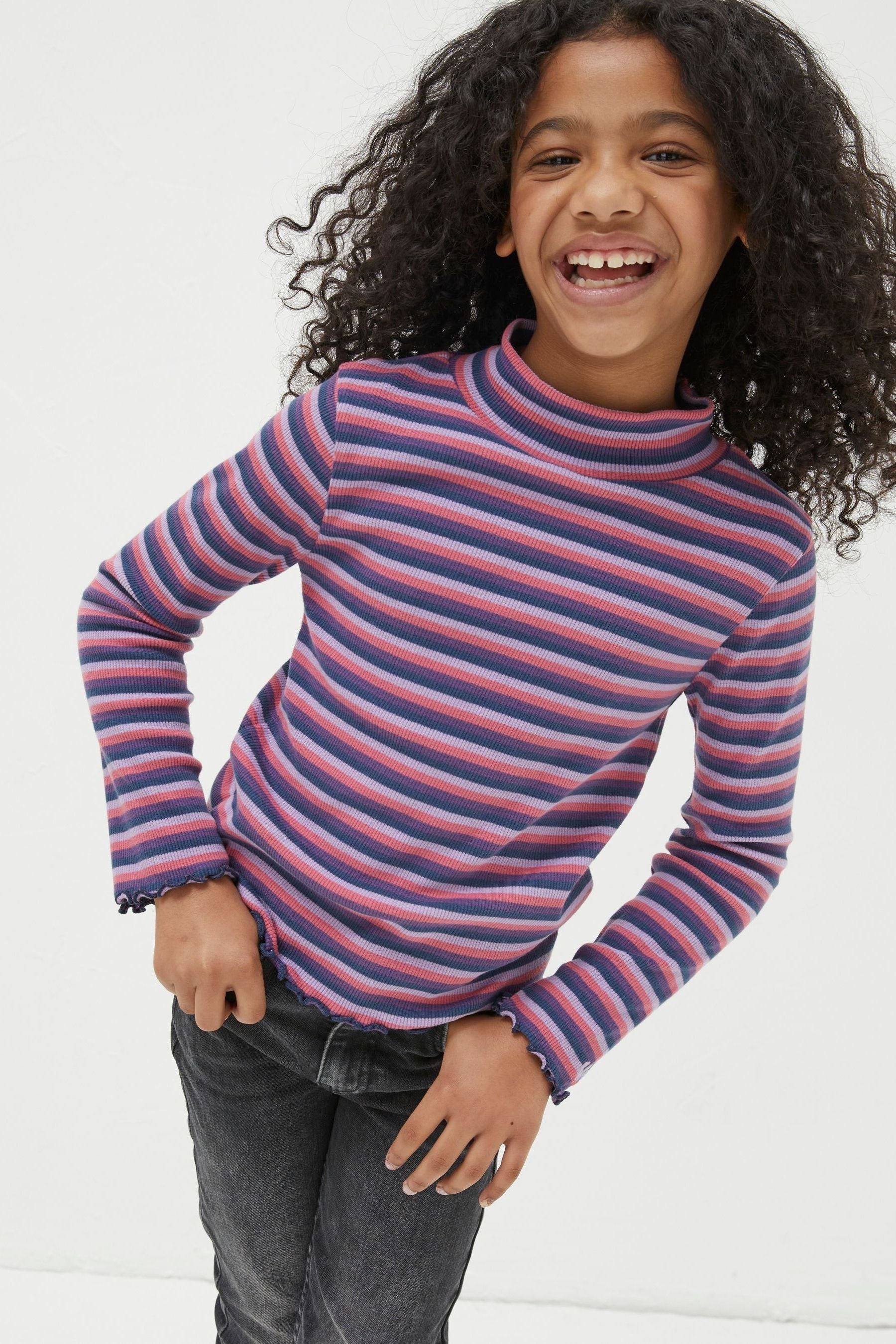 Pink FatFace Stripe Roll Neck T-Shirt