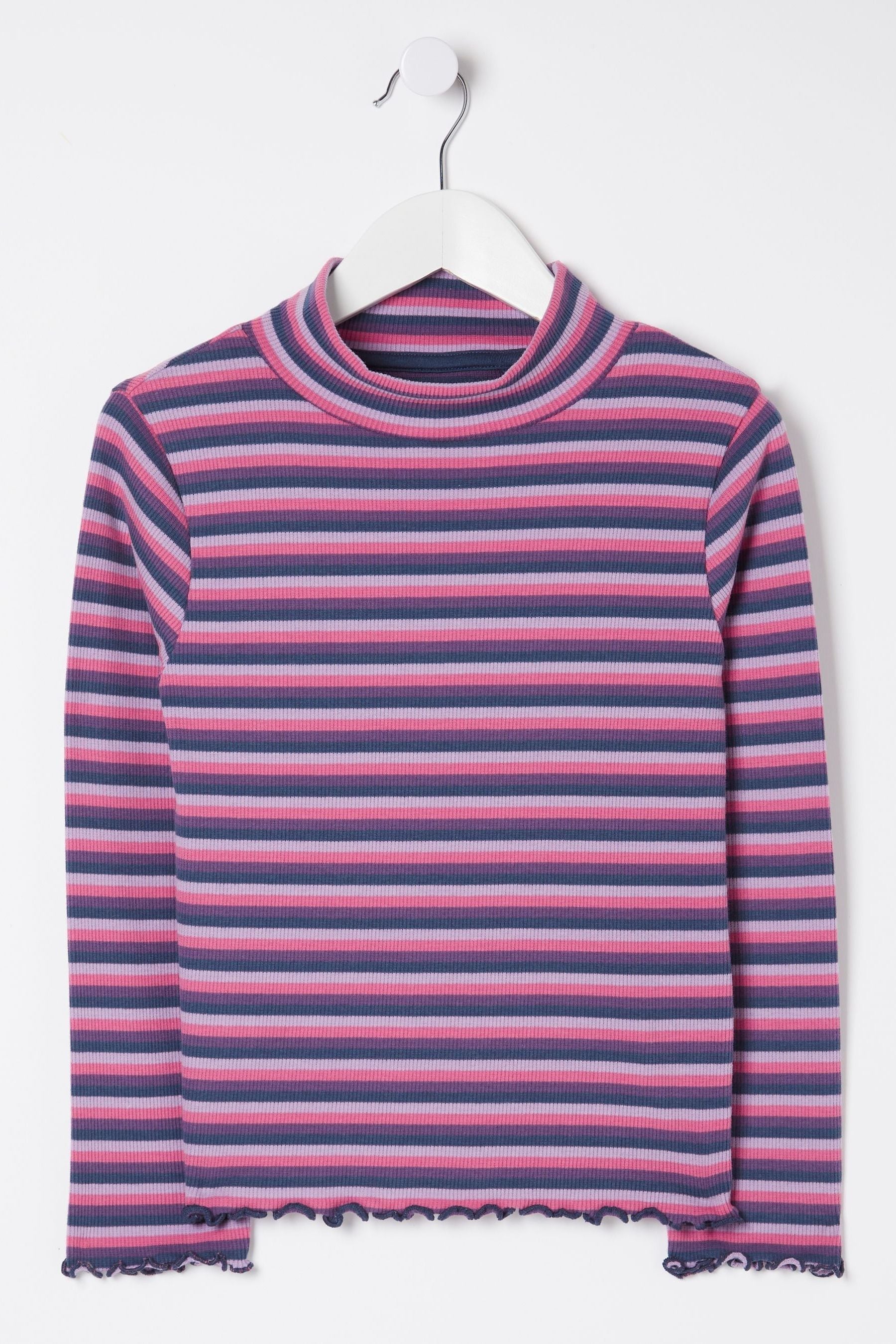 Pink FatFace Stripe Roll Neck T-Shirt