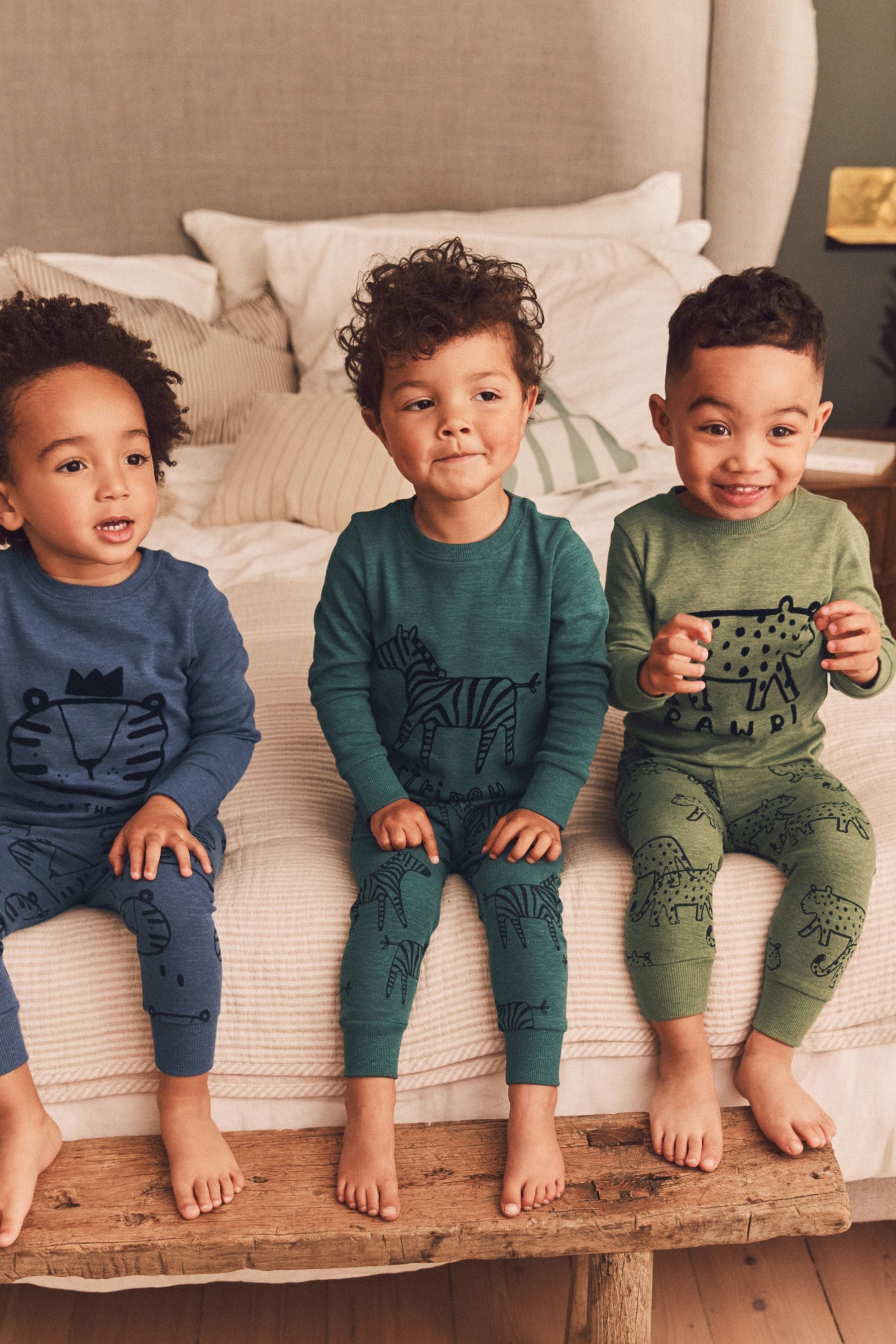 Khaki/Grey Animal Long Sleeve 3 Pack Pyjamas Set (9mths-8yrs)