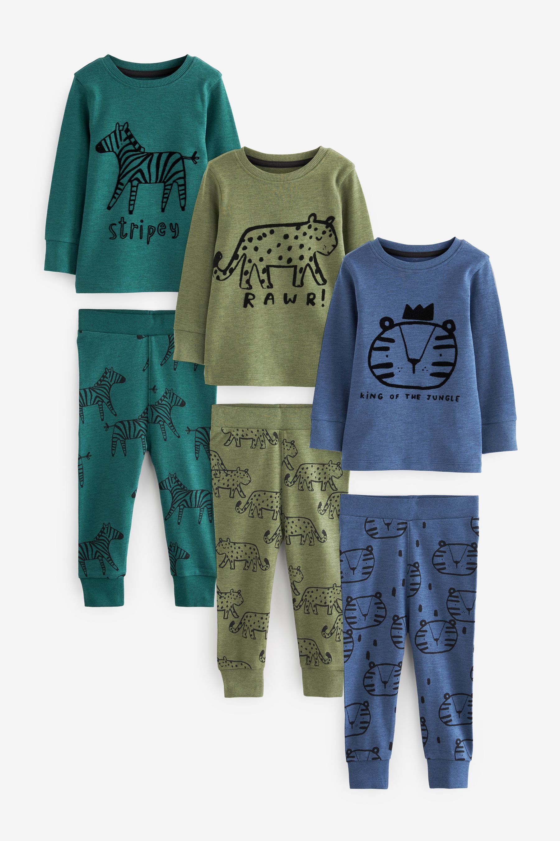 Khaki/Grey Animal Long Sleeve 3 Pack Pyjamas Set (9mths-8yrs)