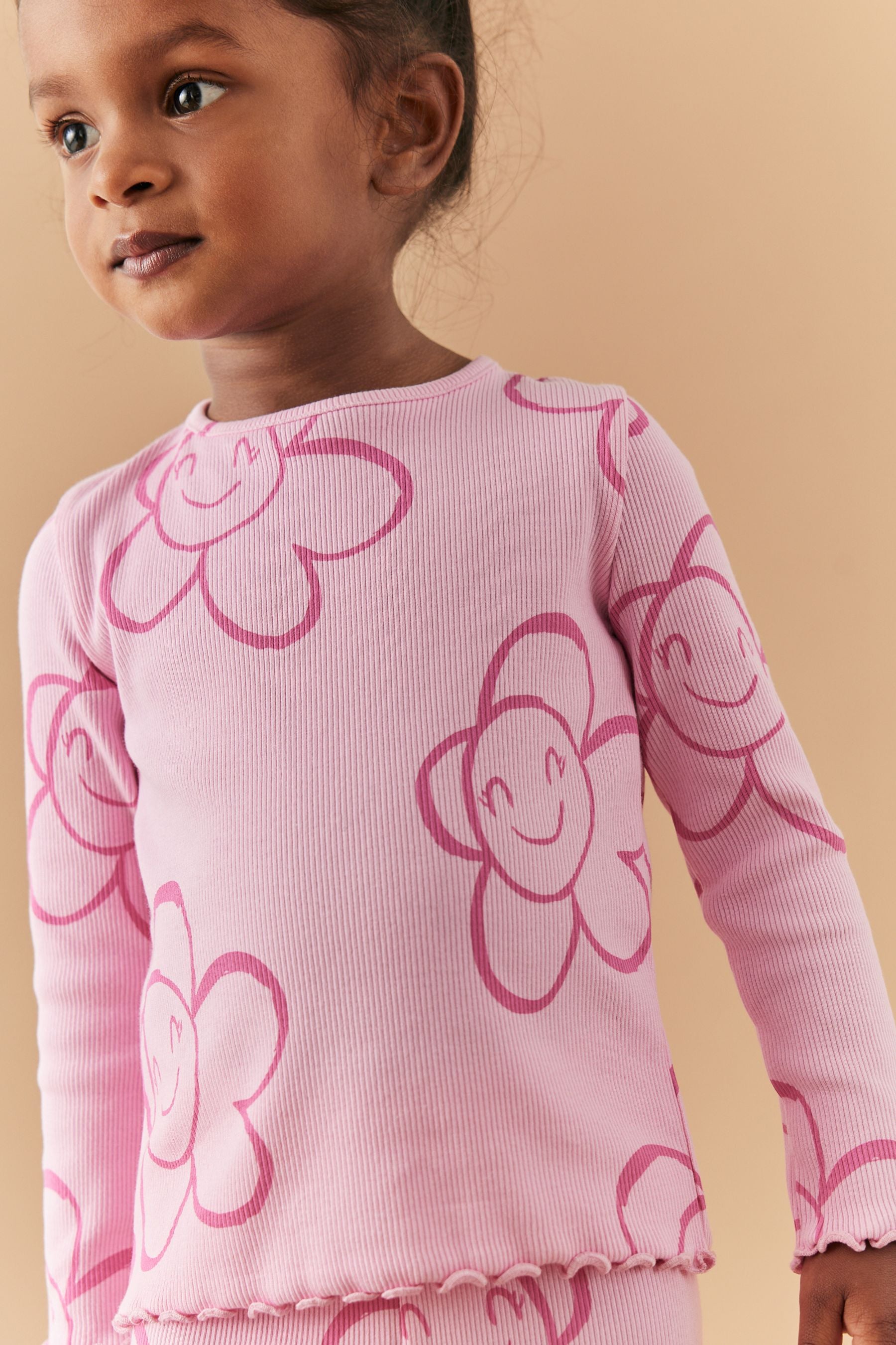 Pink Smile Flower Cotton Rich Long Sleeve Rib T-Shirt (3mths-7yrs)