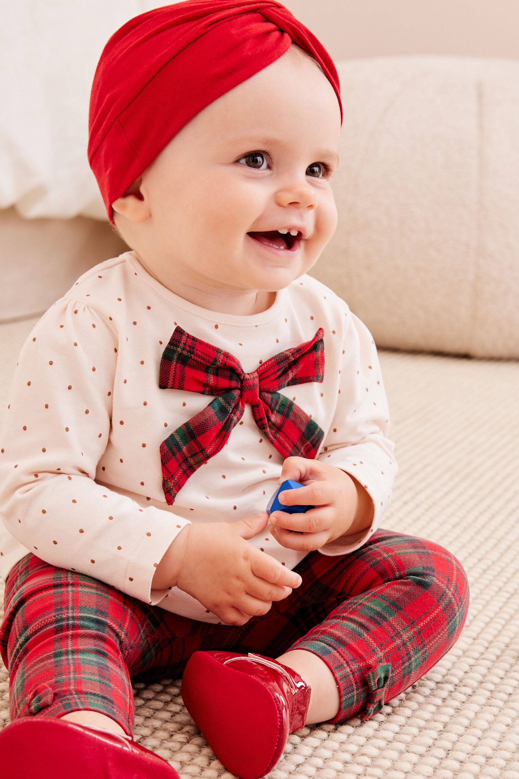 Red/Ecru White Tartan Jersey Top, Leggings & Hat 3 Piece Set