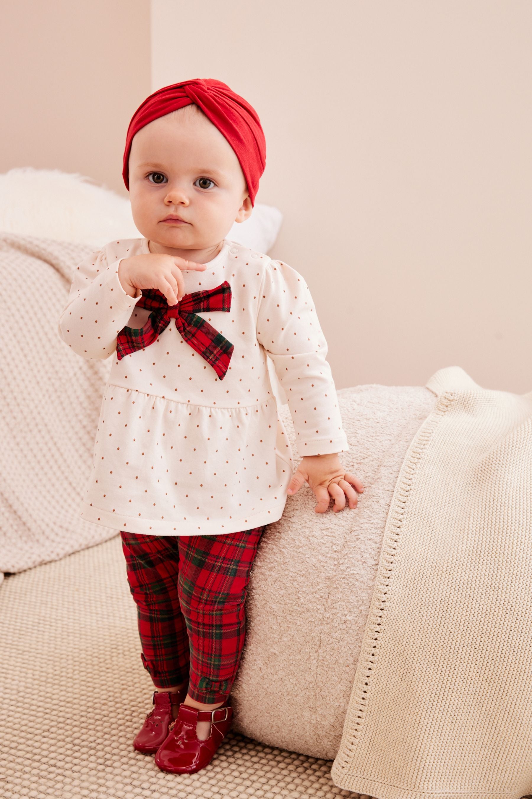 Red/Ecru White Tartan Jersey Top, Leggings & Hat 3 Piece Set