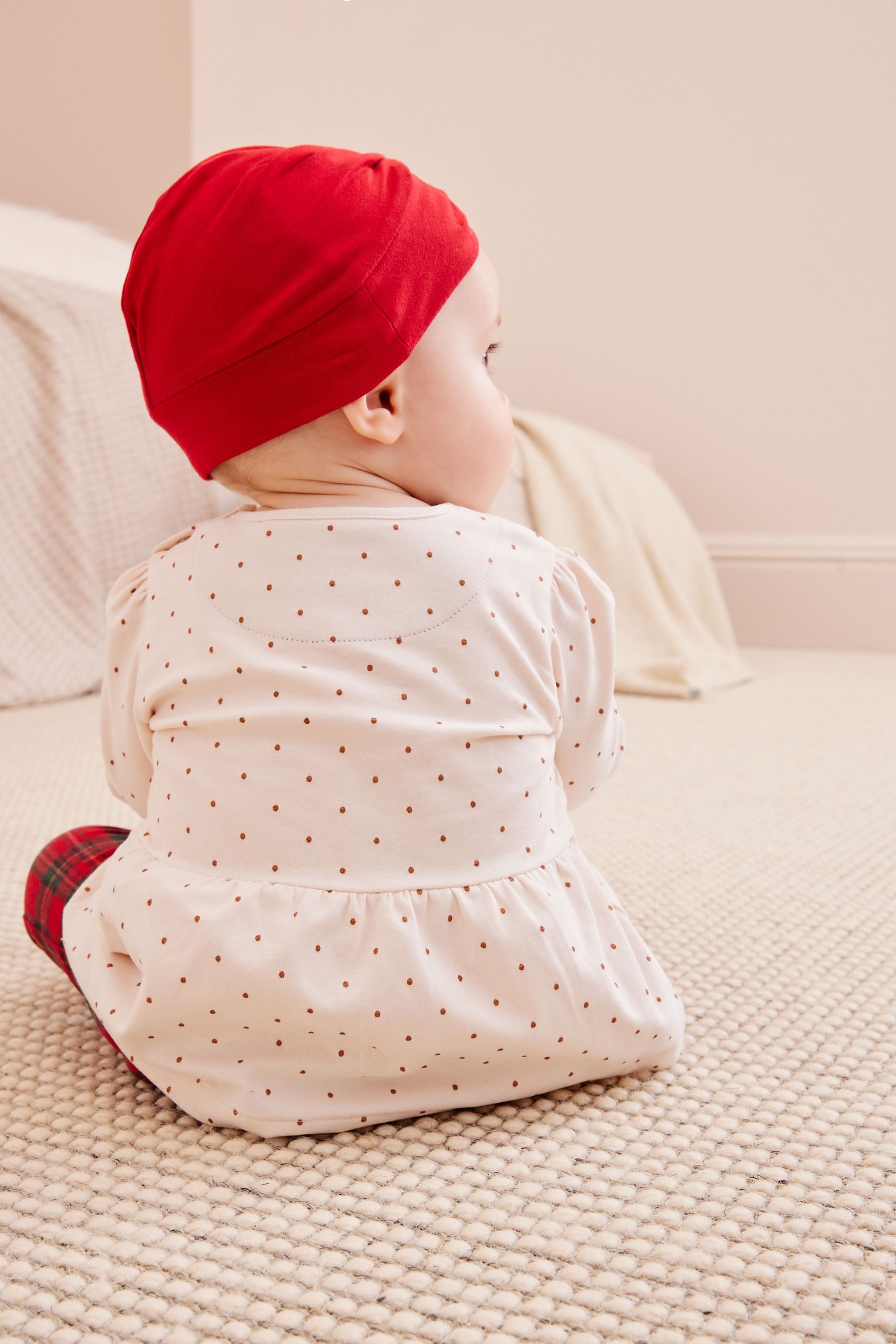 Red/Ecru White Tartan Jersey Top, Leggings & Hat 3 Piece Set