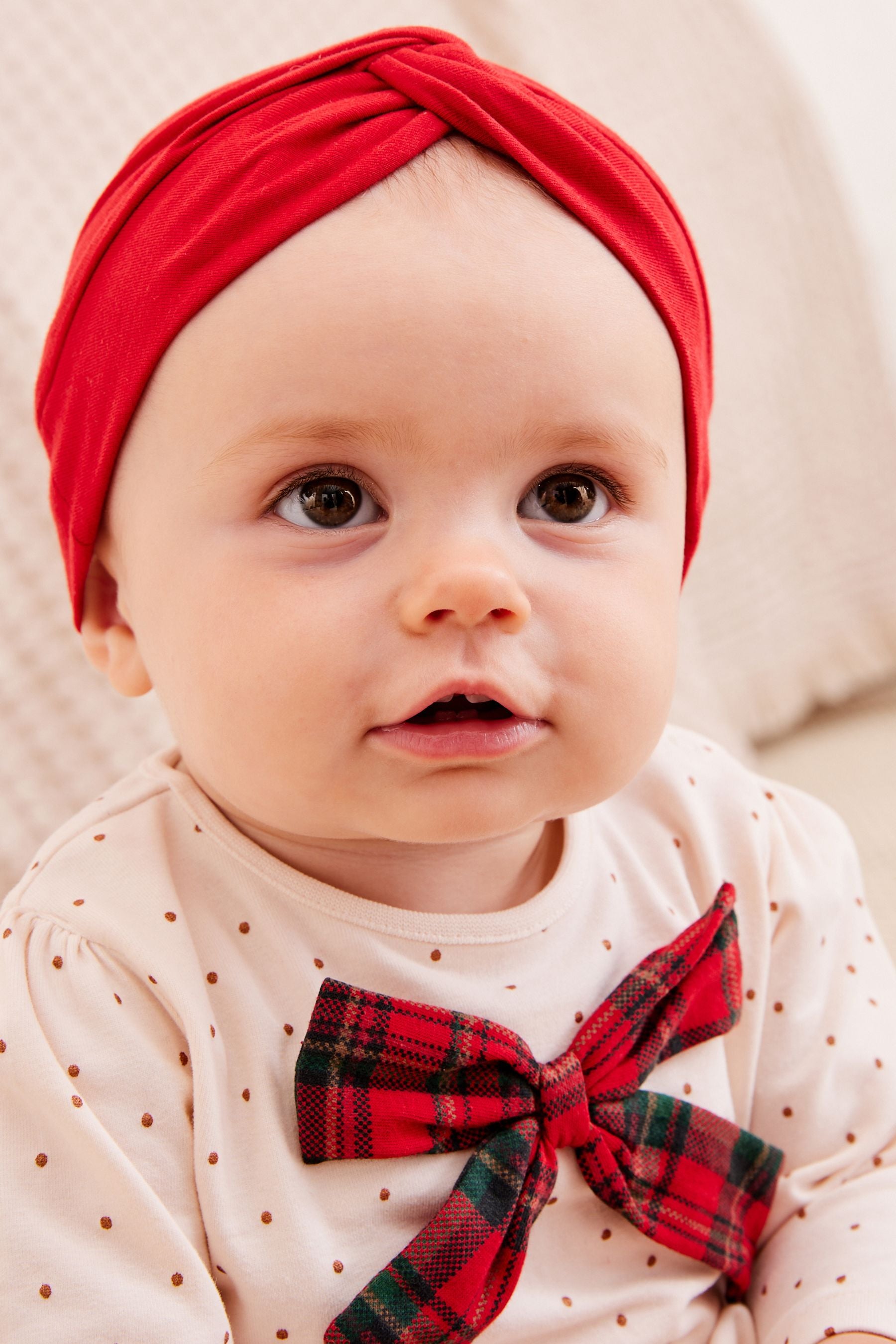 Red/Ecru White Tartan Jersey Top, Leggings & Hat 3 Piece Set