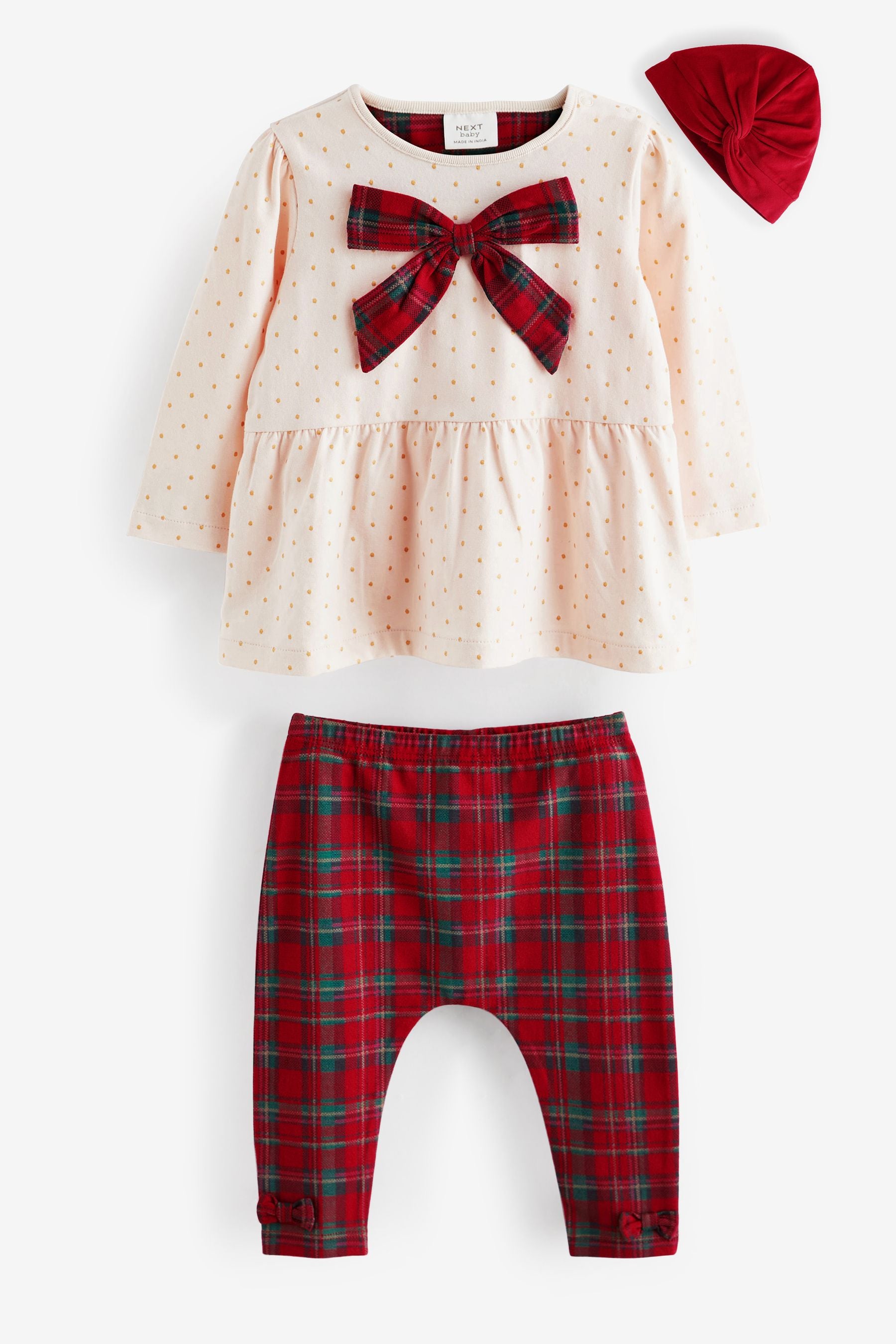 Red/Ecru White Tartan Jersey Top, Leggings & Hat 3 Piece Set