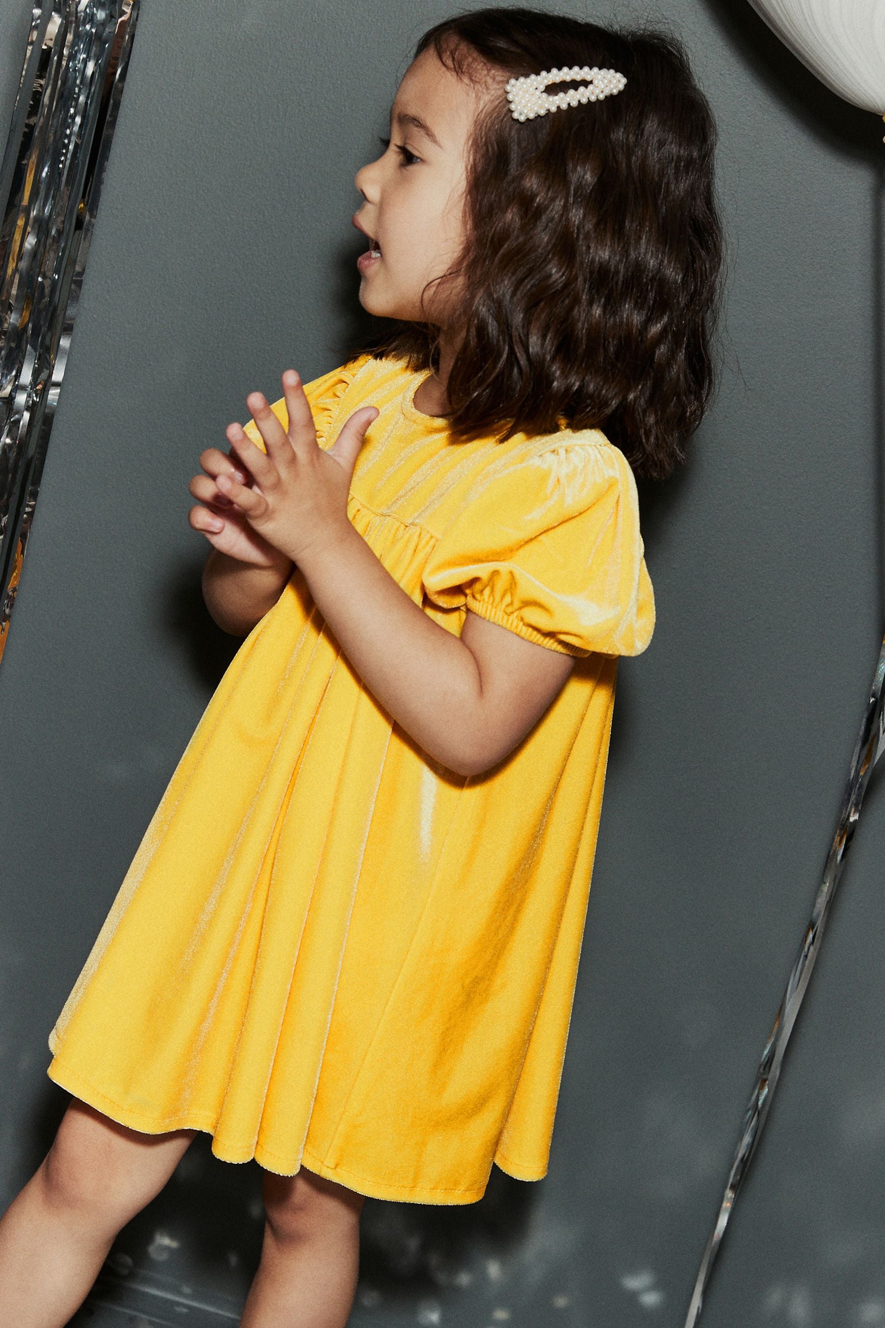 Yellow Velvet Puff Sleeve Party Dress (3mths-10yrs)