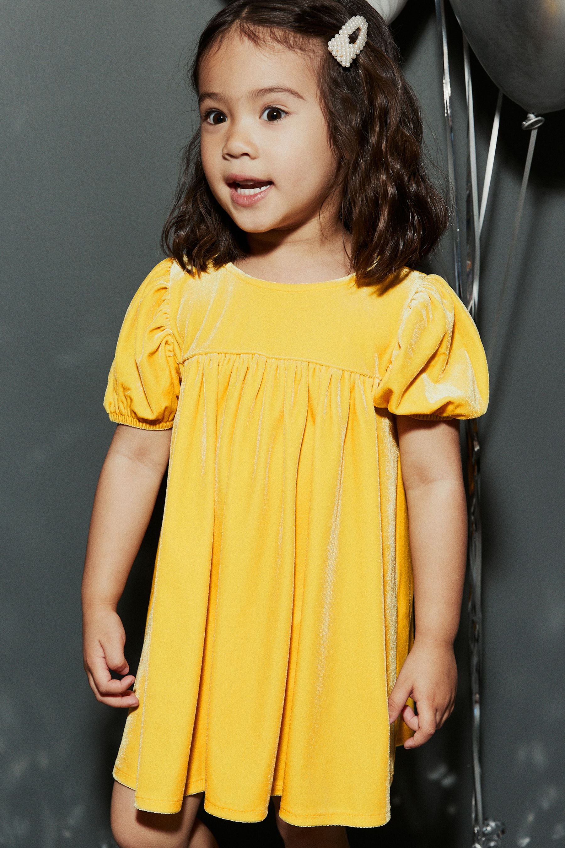 Yellow Velvet Puff Sleeve Party Dress (3mths-10yrs)