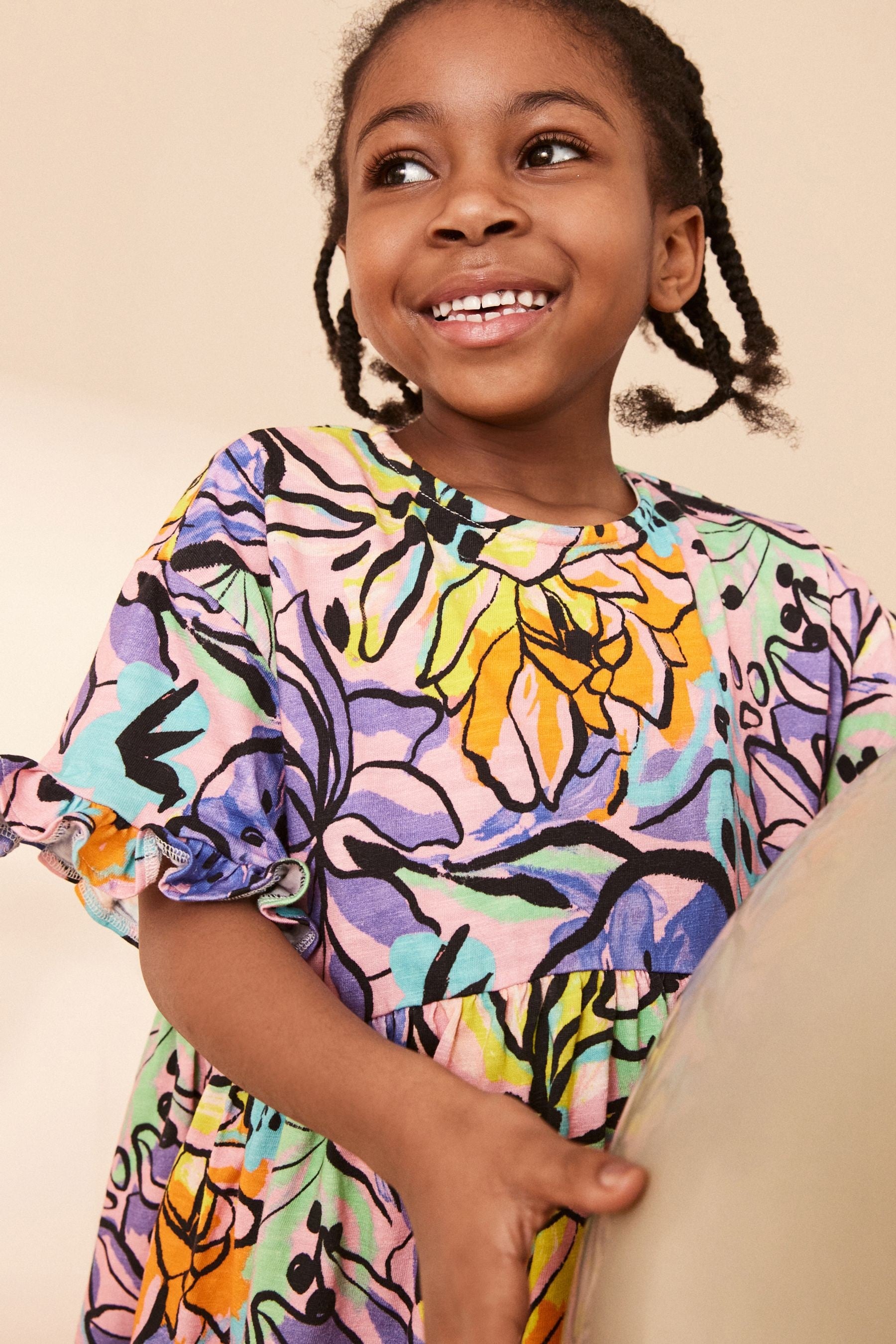 Purple Tropical Print Short Sleeve Cotton Jersey Dress (3-16yrs)