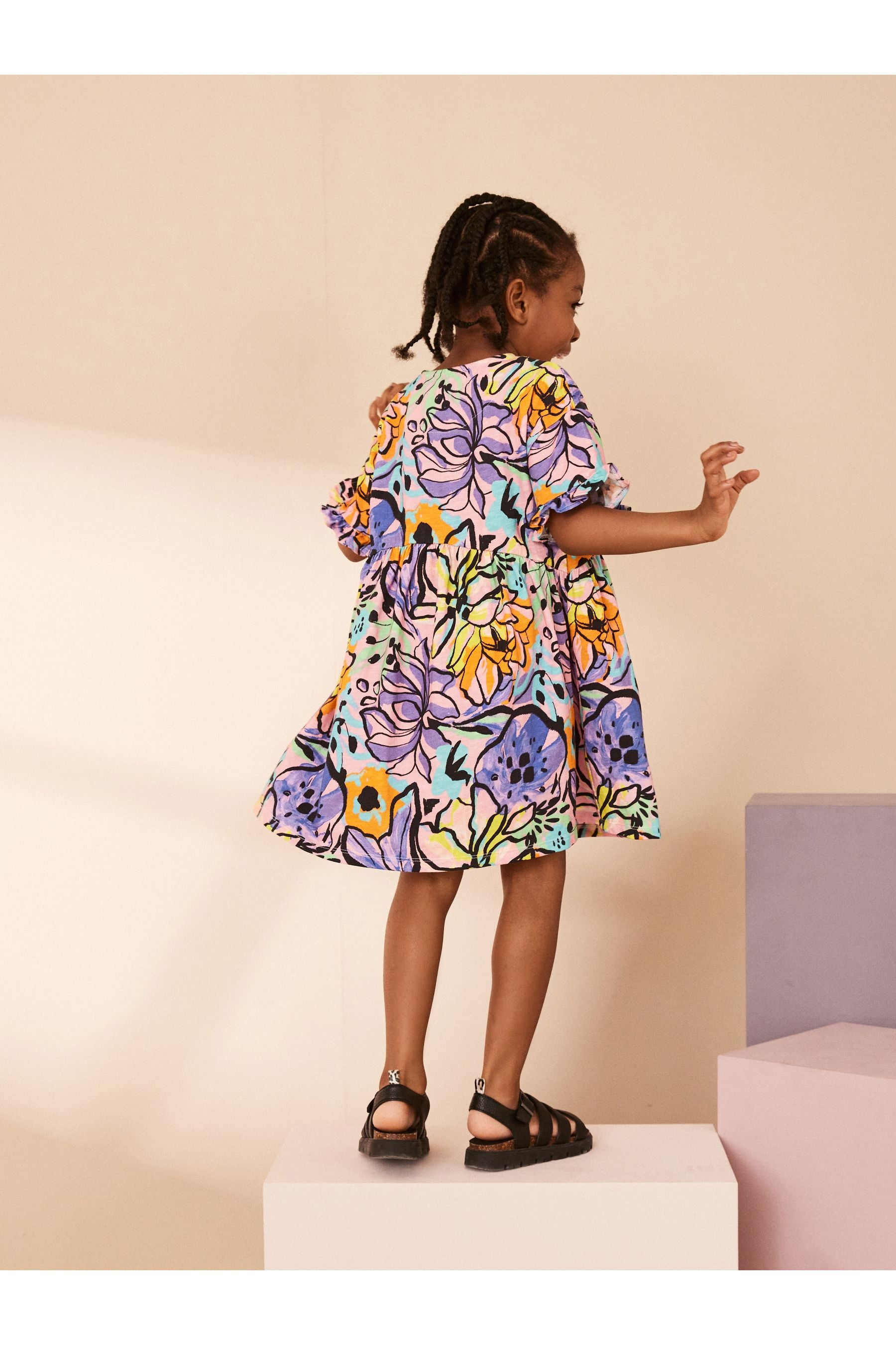 Purple Tropical Print Short Sleeve Cotton Jersey Dress (3-16yrs)