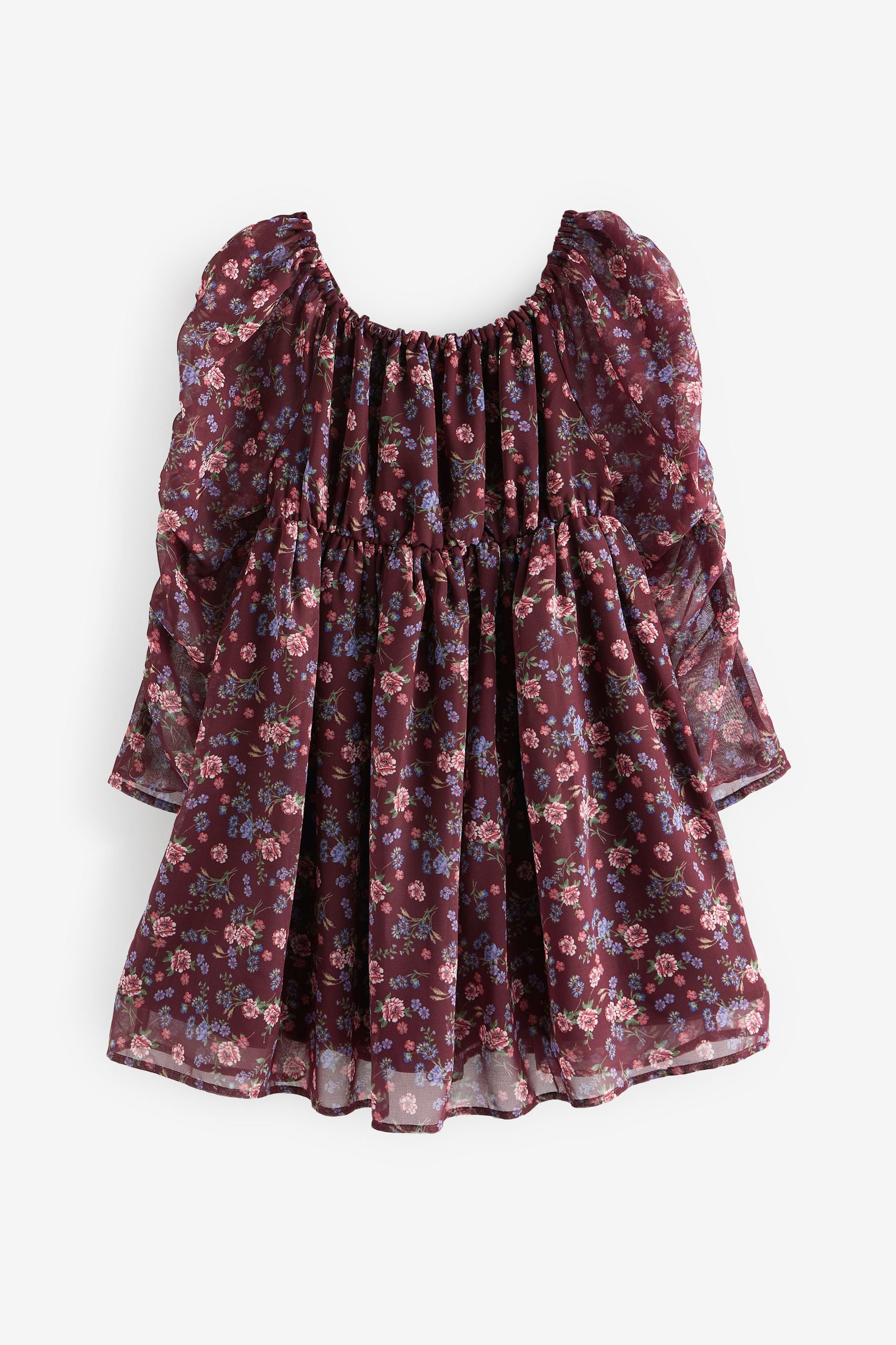 Chocolate Brown Floral Ruched Sleeve Chiffon Dress (3-16yrs)