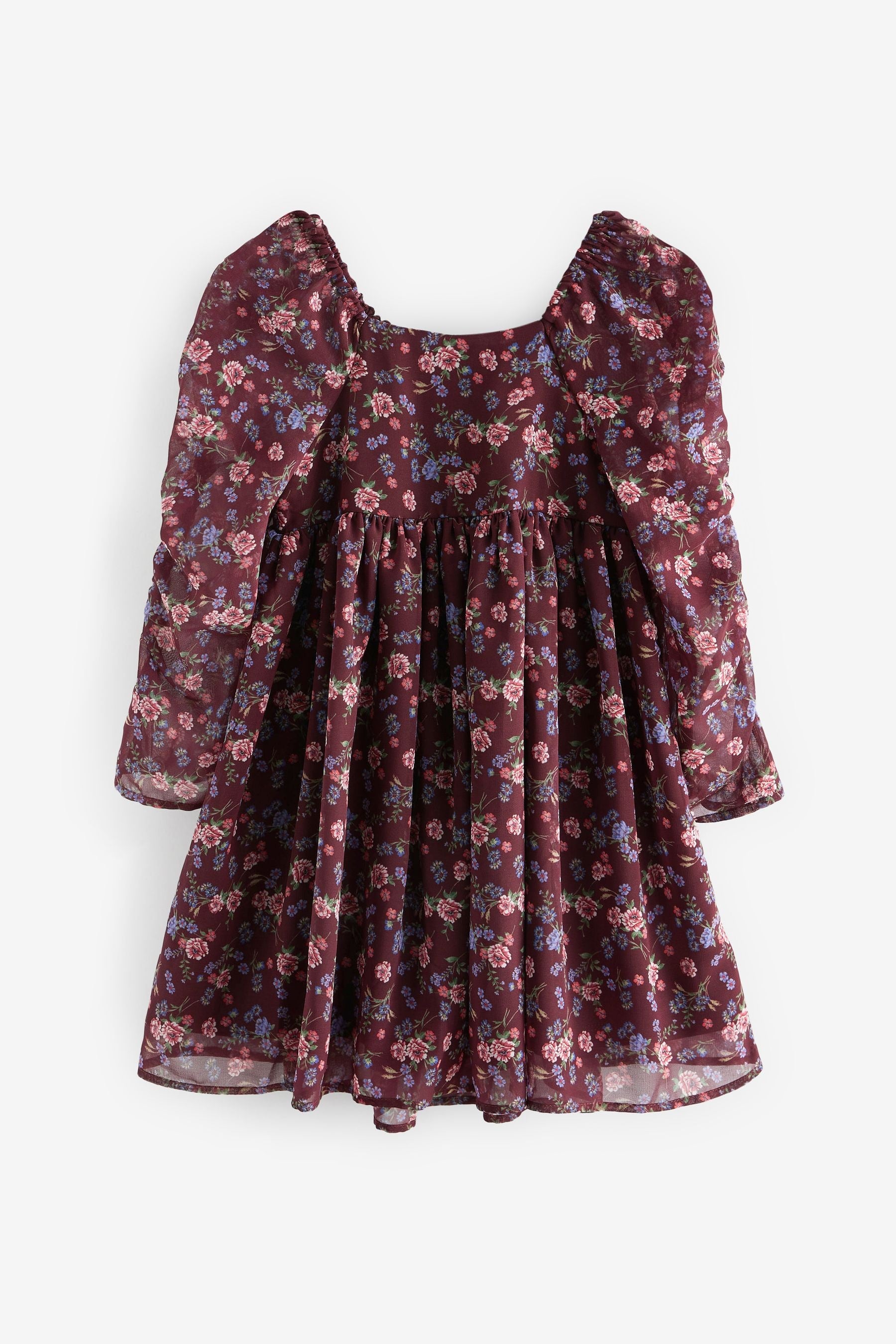 Chocolate Brown Floral Ruched Sleeve Chiffon Dress (3-16yrs)