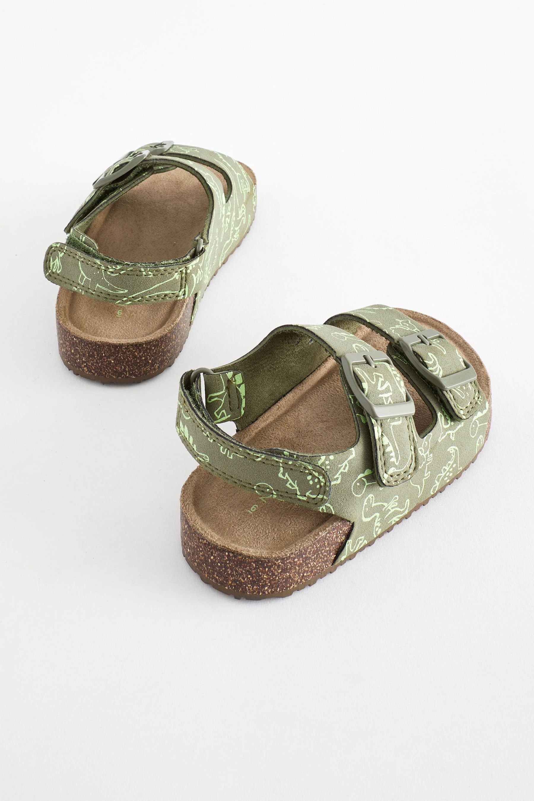 Green Dinosaur Print Double Buckle Cushioned Footbed Sandals