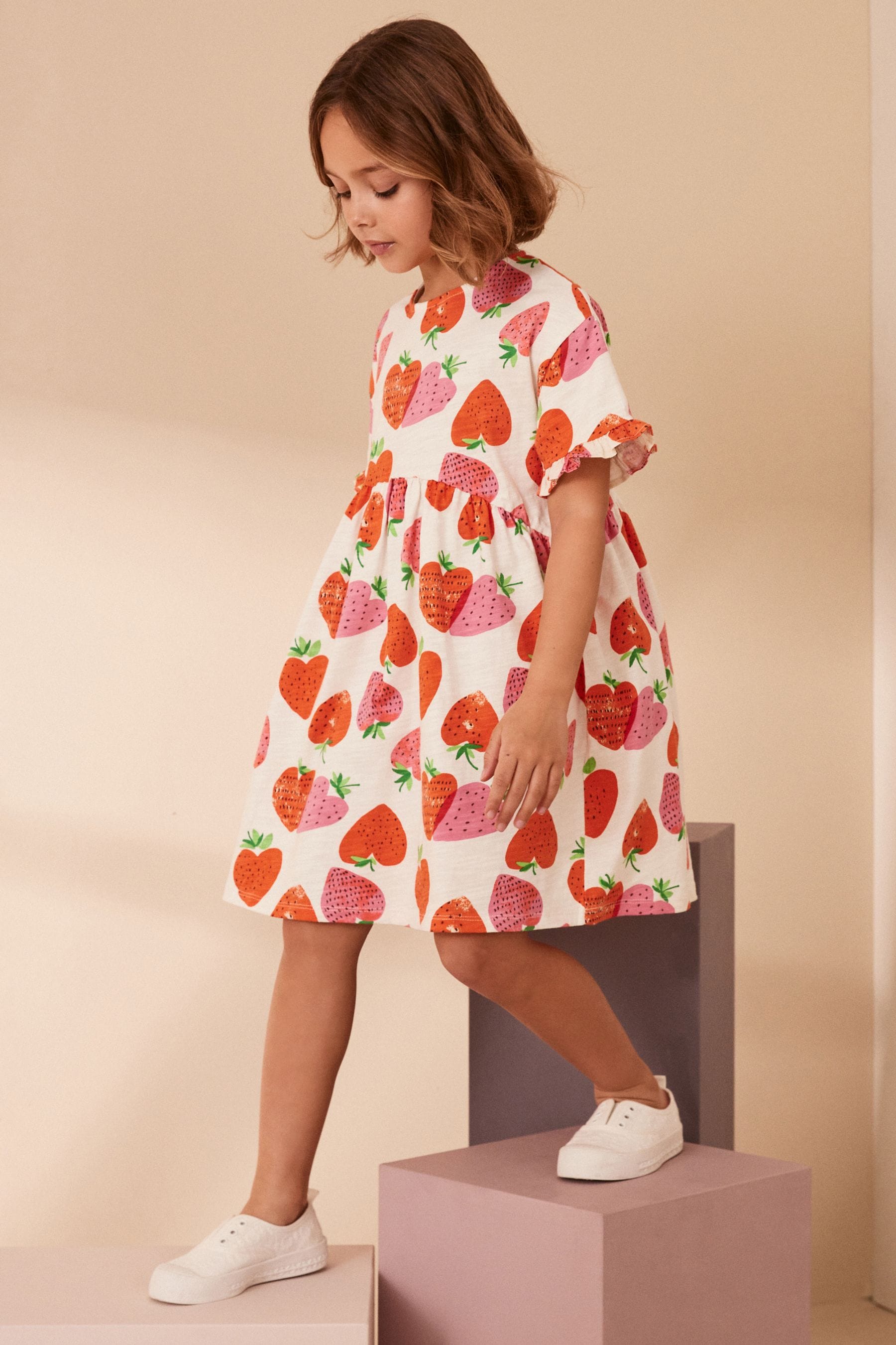 Cream Strawberry Print Short Sleeve Cotton Jersey Dress (3-16yrs)