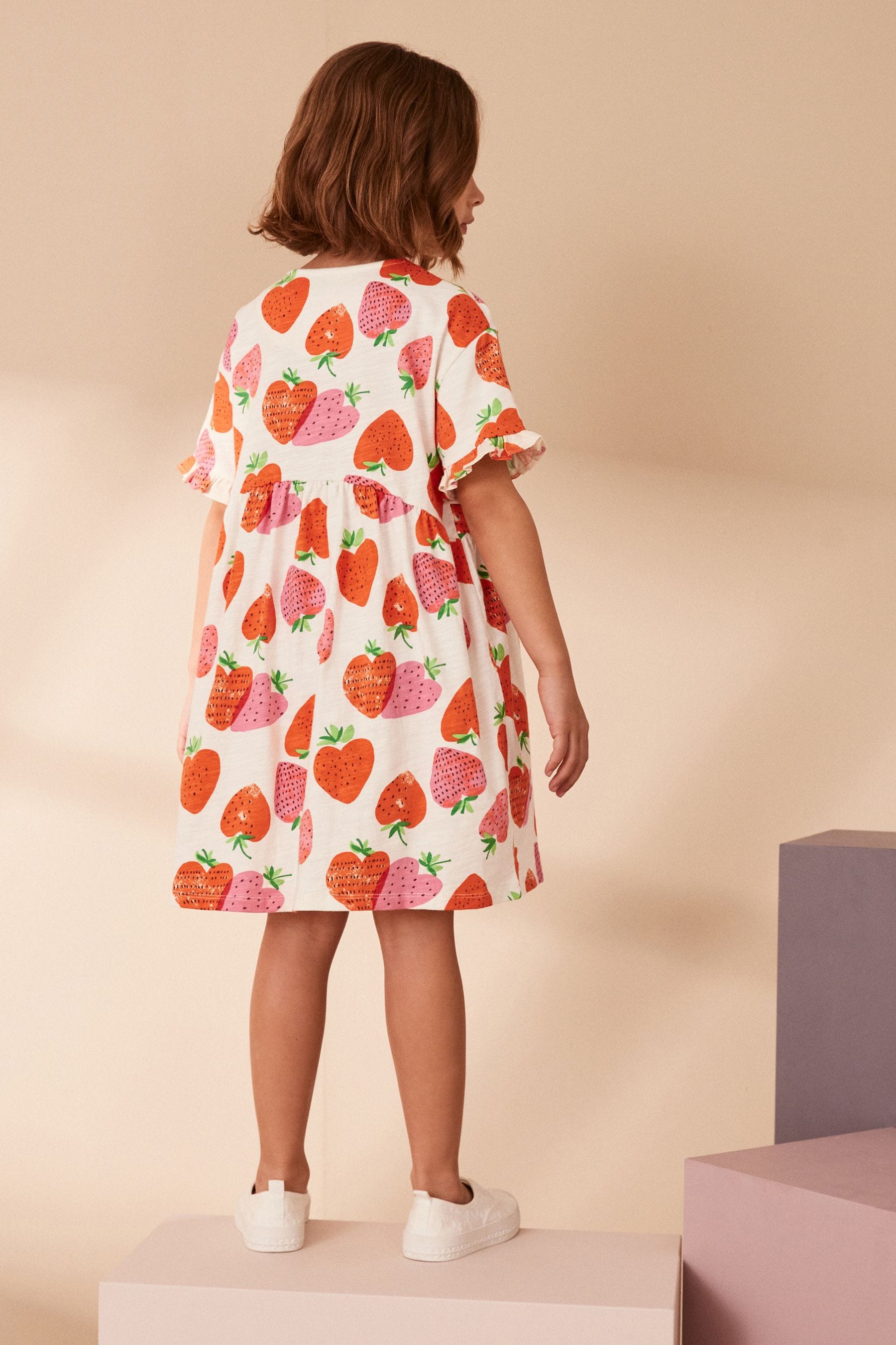 Cream Strawberry Print Short Sleeve Cotton Jersey Dress (3-16yrs)