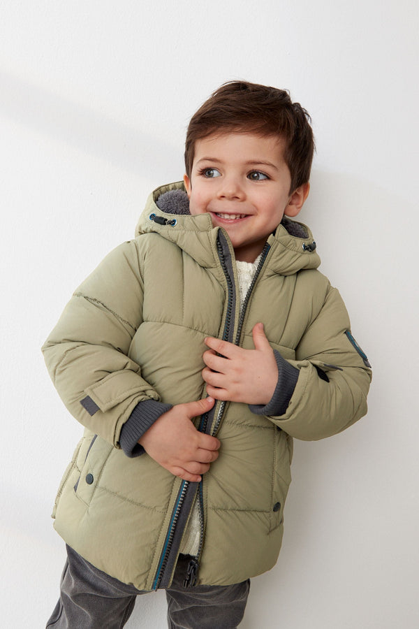 Light Khaki Borg Teddy Lined Padded Coat (3mths-7yrs)