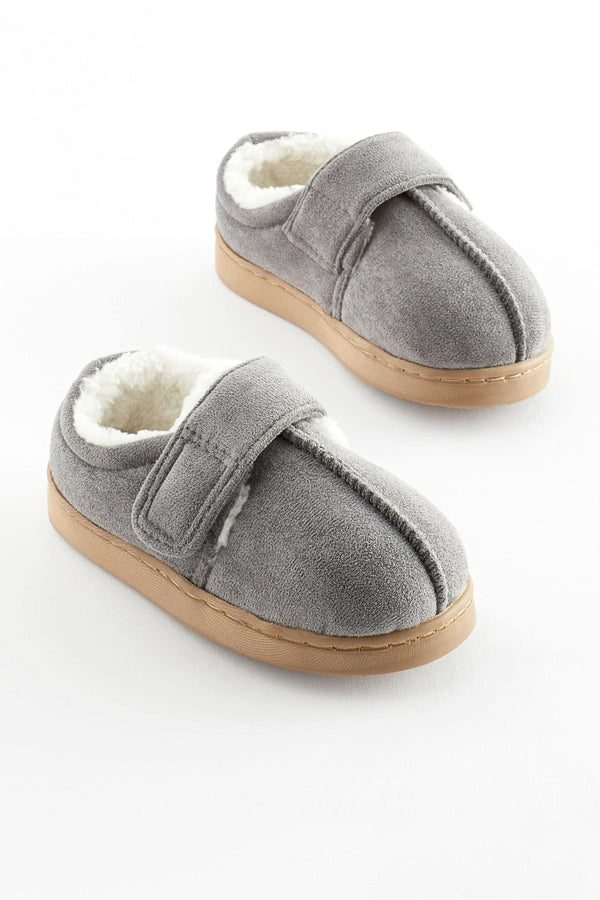 Grey Warm Lined Touch Fastening Slippers