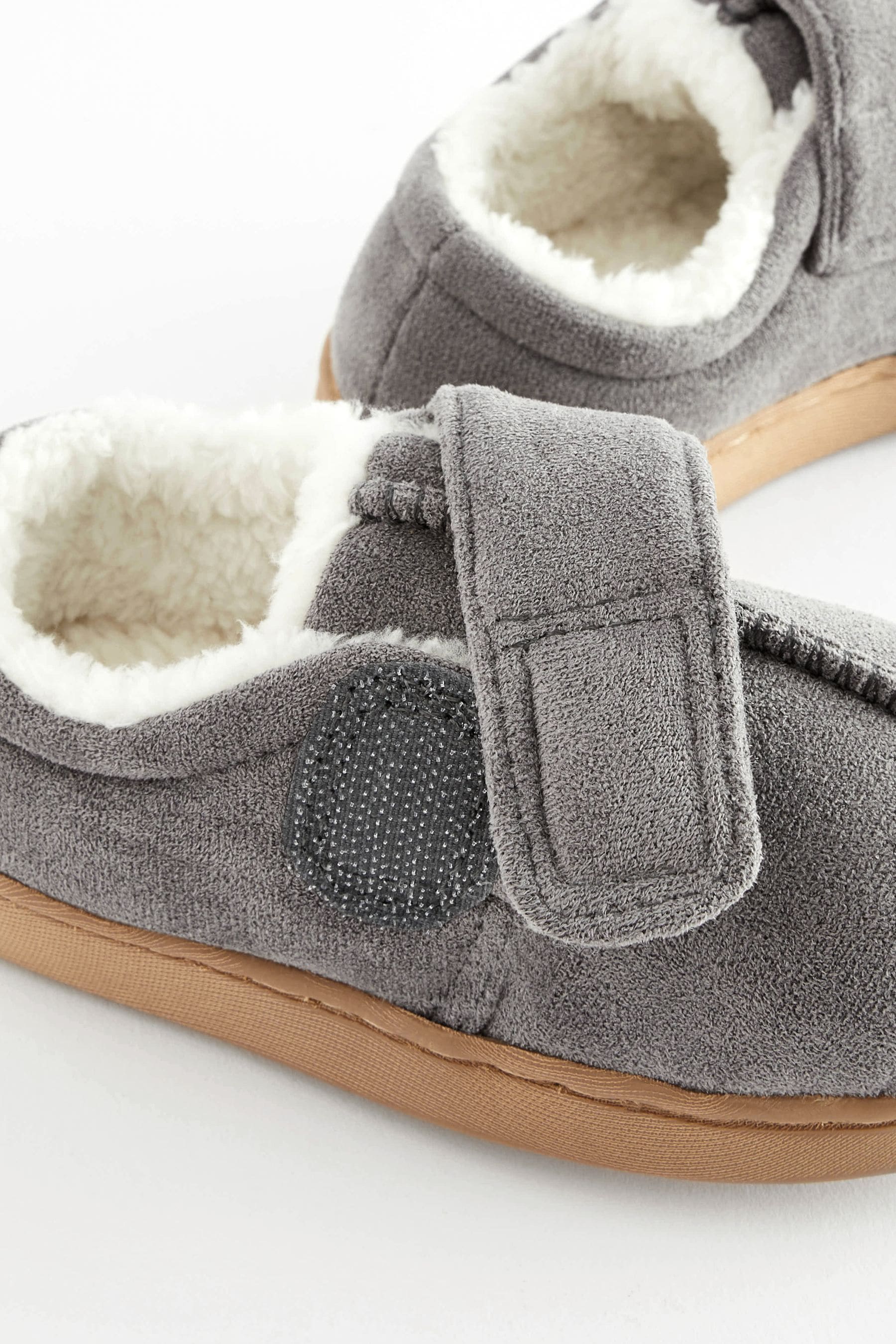 Grey Warm Lined Touch Fastening Slippers