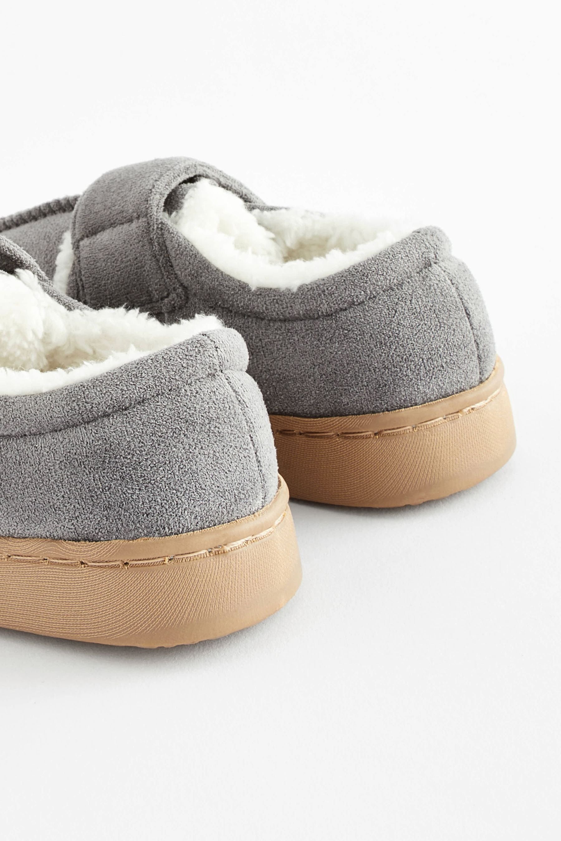 Grey Warm Lined Touch Fastening Slippers