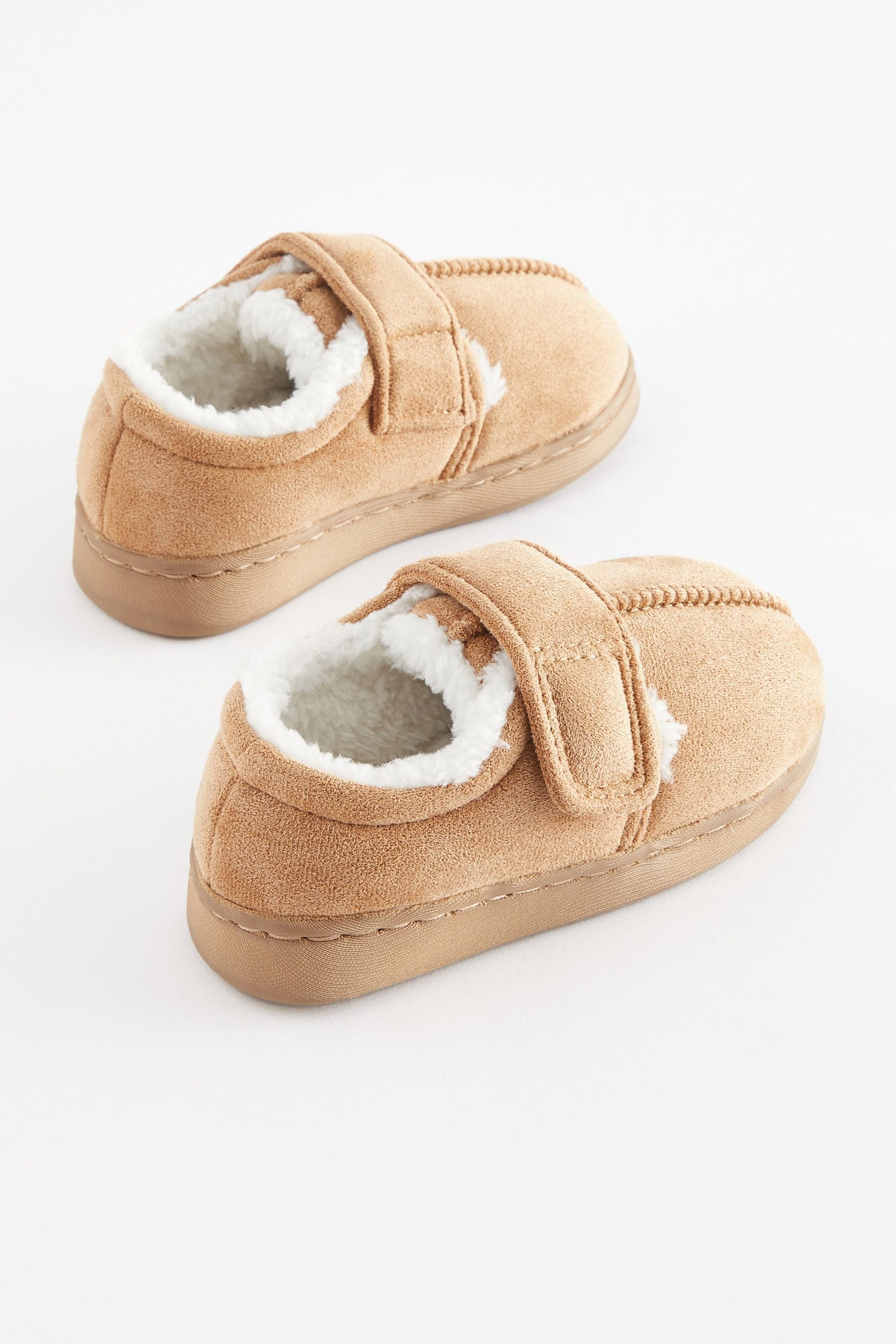 Tan Brown Warm Lined Touch Fastening Slippers