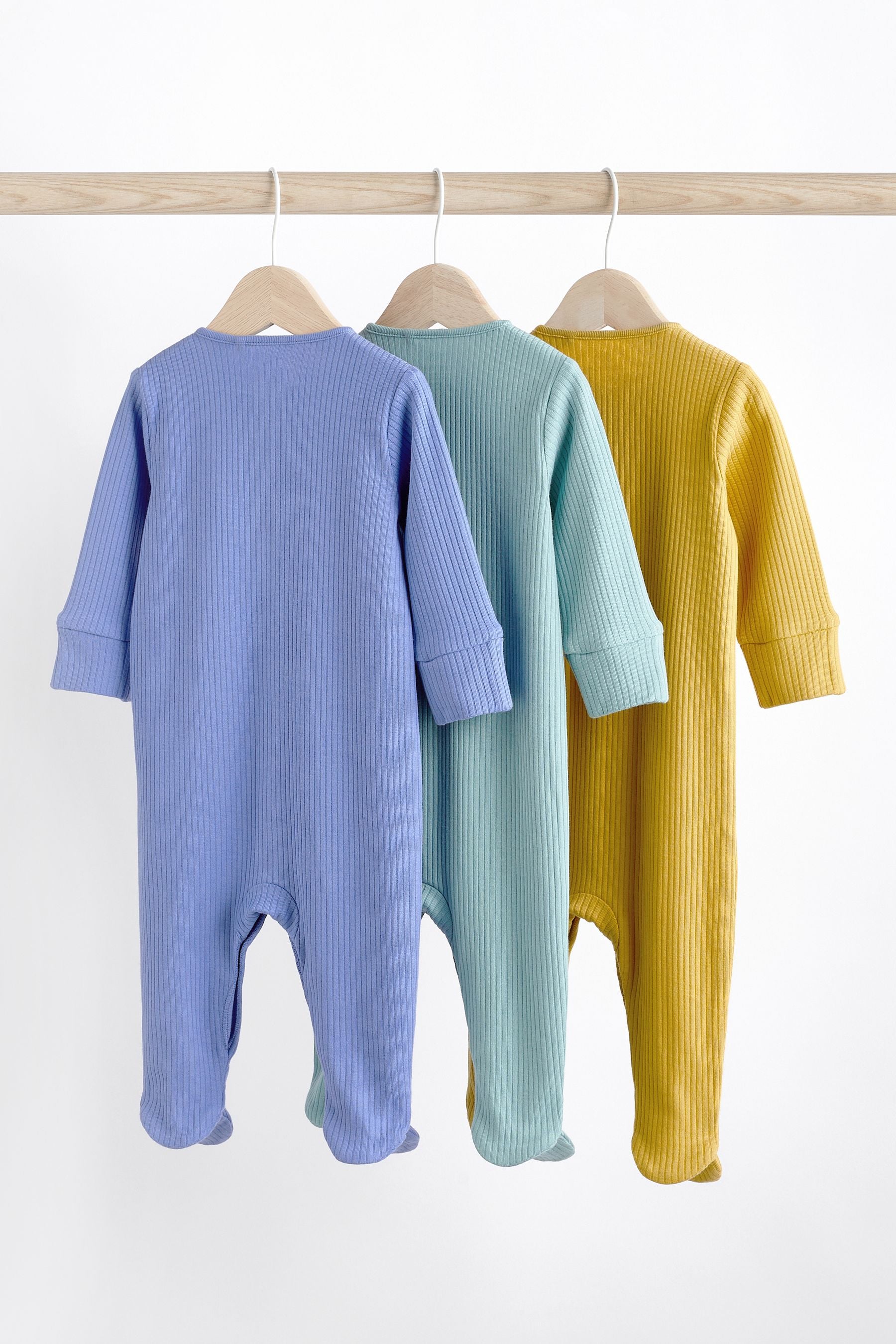 Blue/Green/Yellow Baby Cotton Sleepsuits 3 Pack (0-3yrs)