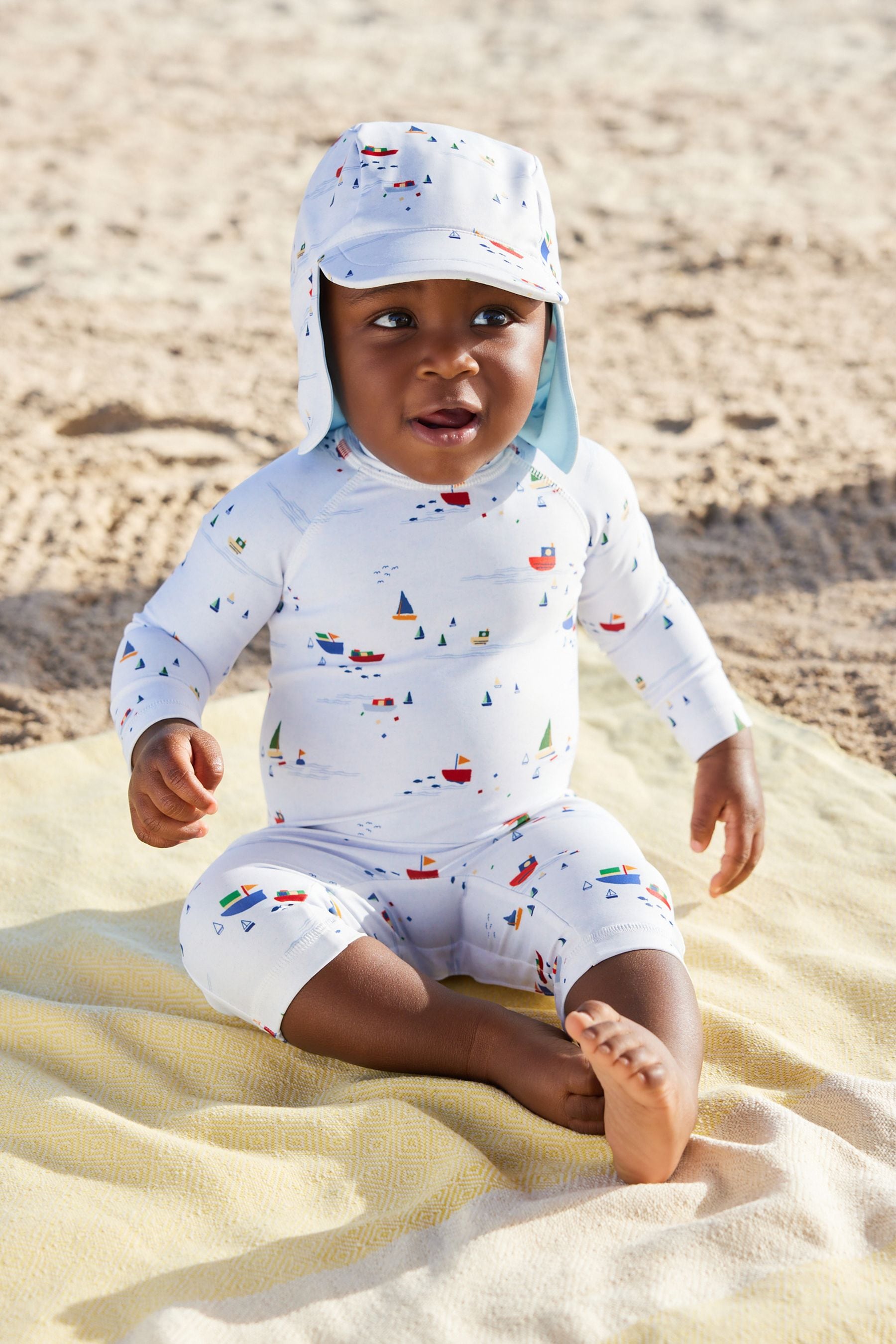 Pale Blue Boats Sunsafe Swimsuit & Hat 2 Piece Set (3mths-7yrs)