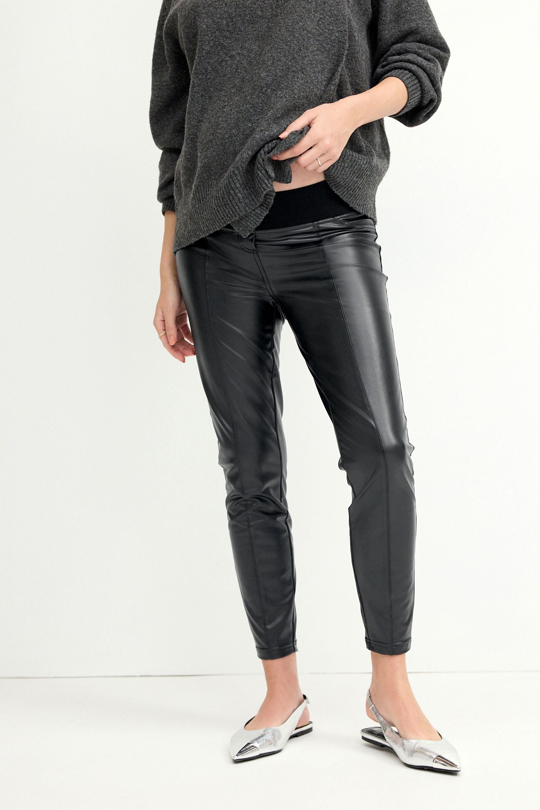 Black Maternity Seamed Skinny Faux Leather Trousers