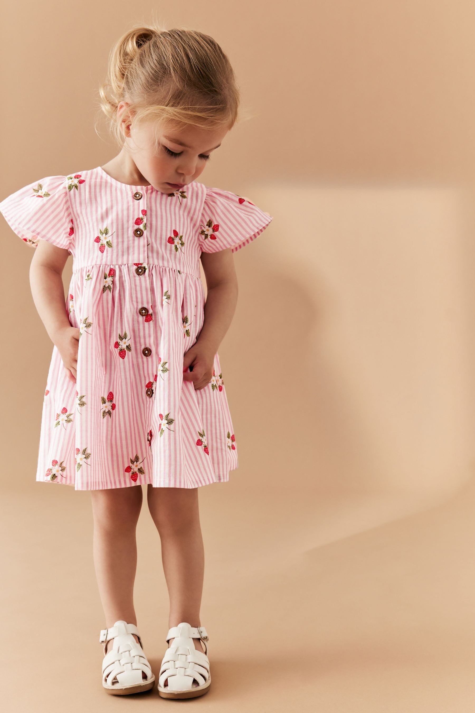 Pink Strawberry Stripe Cotton Button Up Dress (3mths-8yrs)