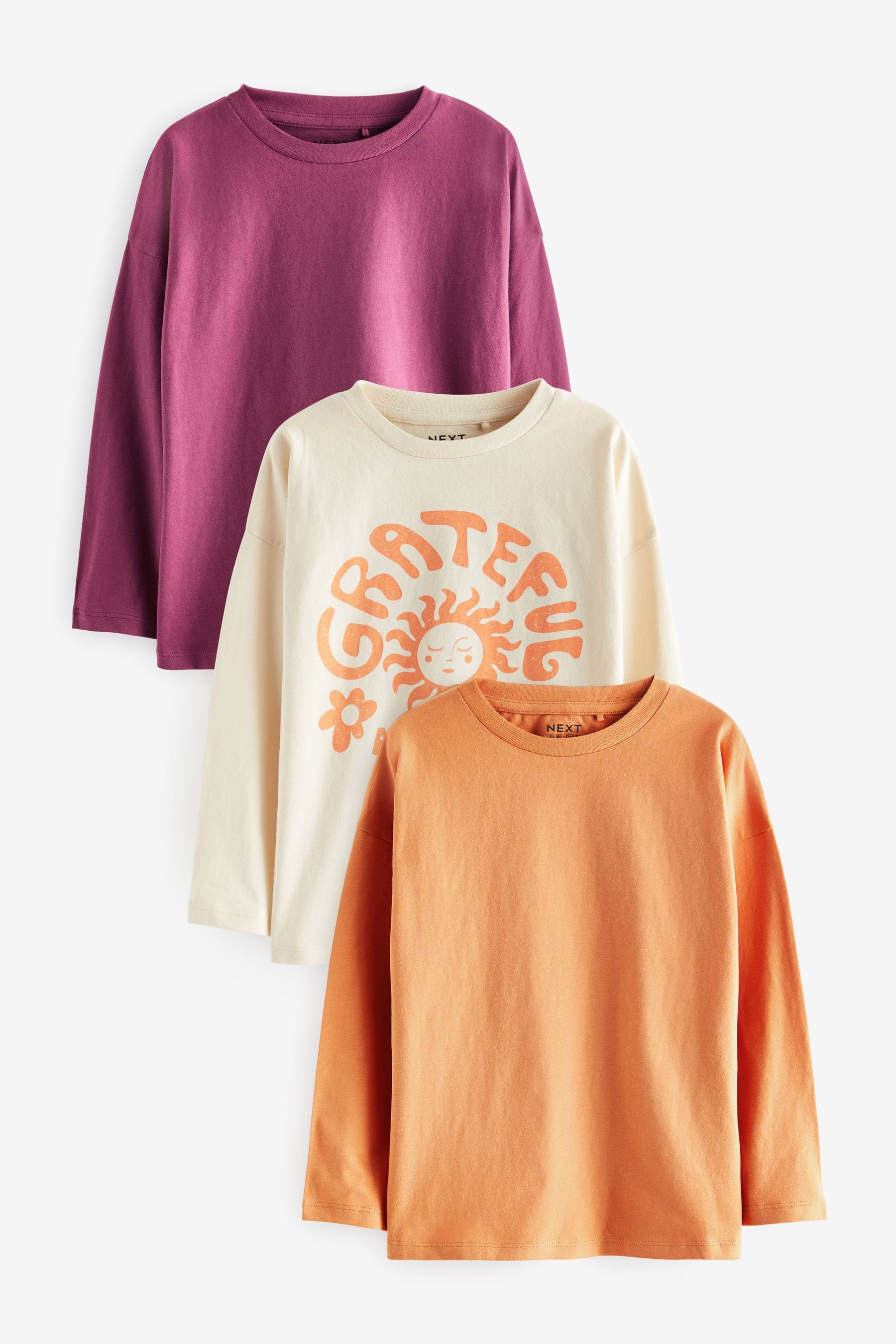 Berry Red/Ecru Cream/Orange Sun Long Sleeve T-Shirts 3 Pack (3-16yrs)