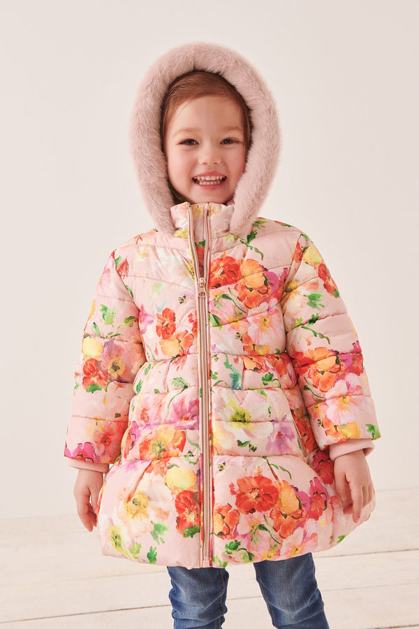 Pink Floral Shower Resistant Printed Skirted Padded Coat (12mths-7yrs)