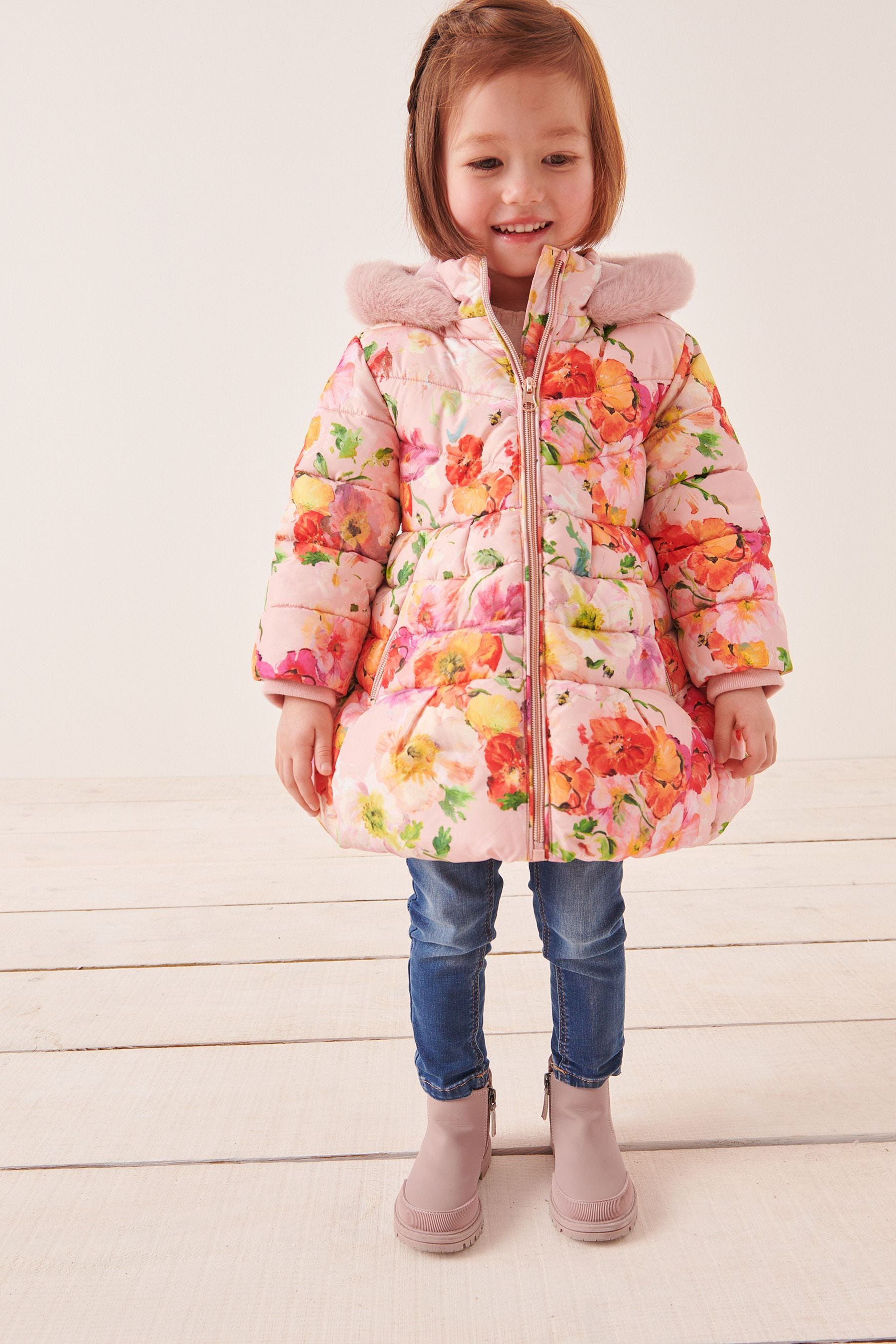 Pink Floral Shower Resistant Printed Skirted Padded Coat (12mths-7yrs)