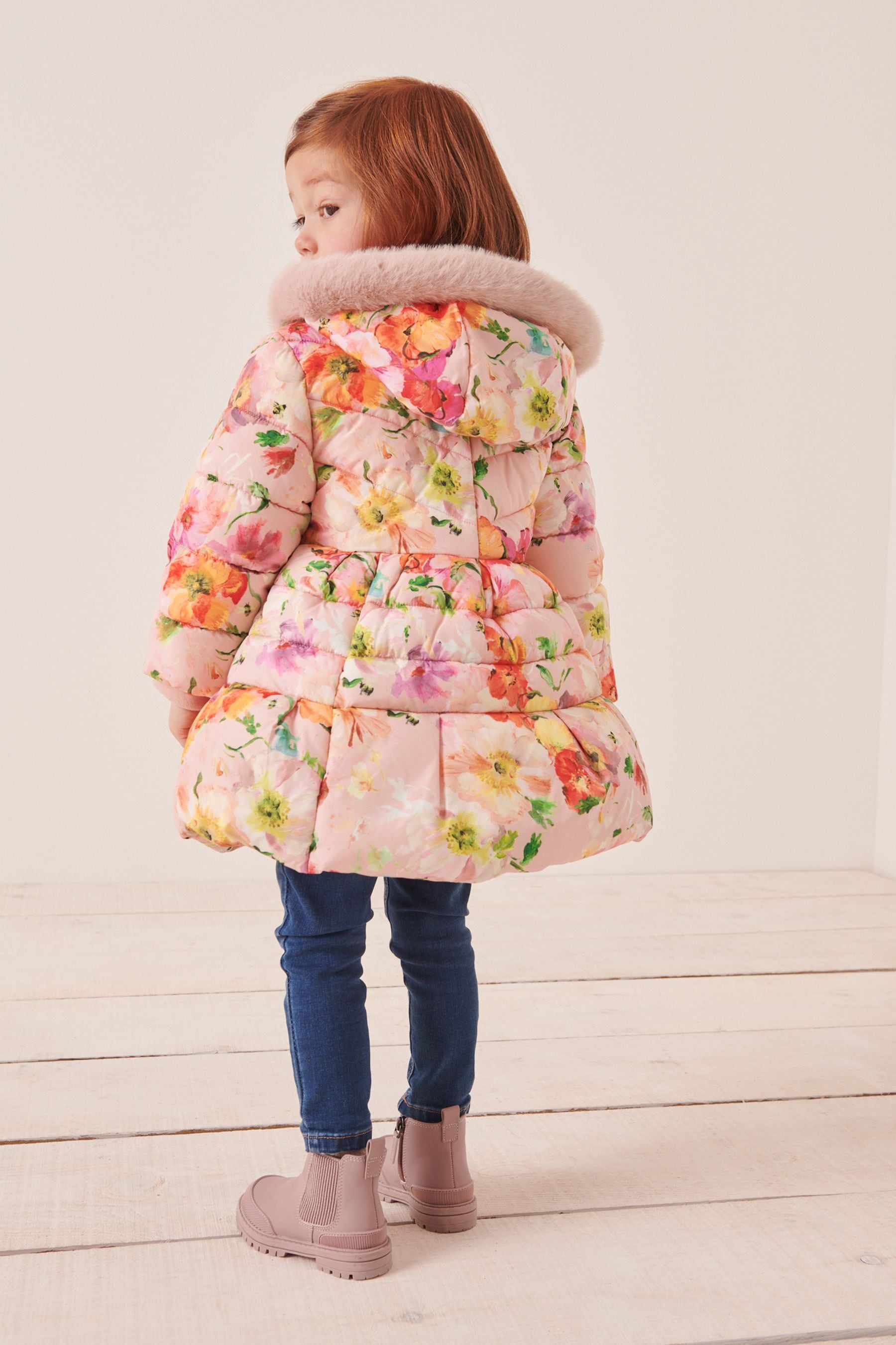 Pink Floral Shower Resistant Printed Skirted Padded Coat (12mths-7yrs)