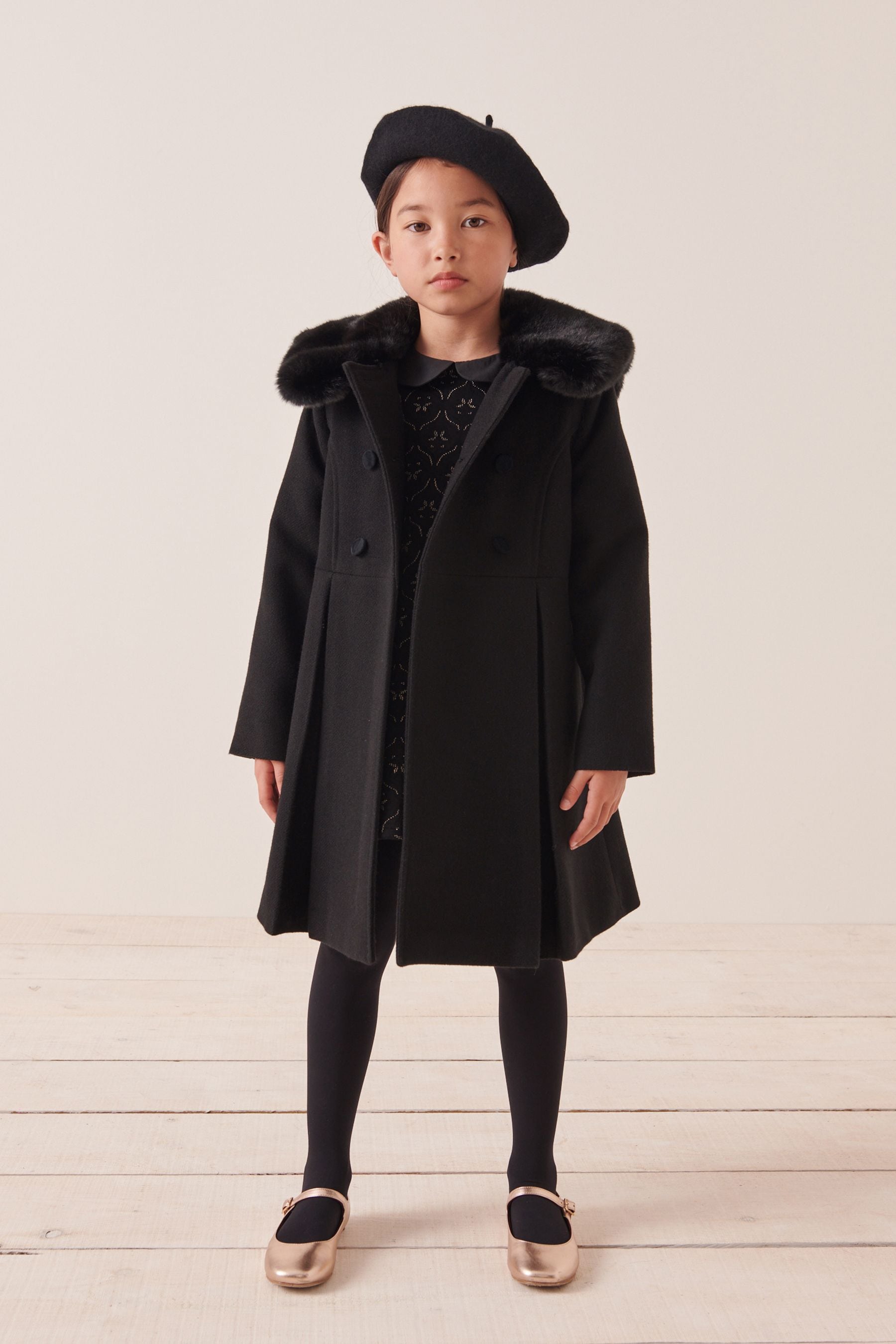 Black Faux Fur Collar Formal Coat (3-16yrs)