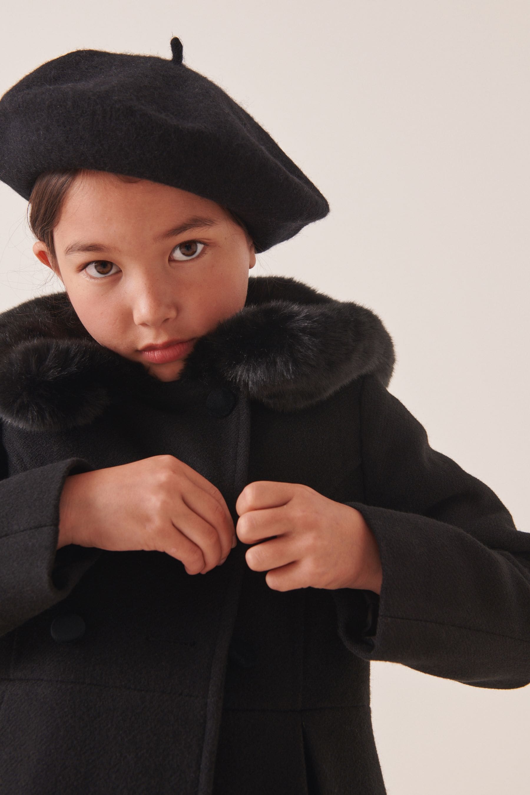 Black Faux Fur Collar Formal Coat (3-16yrs)