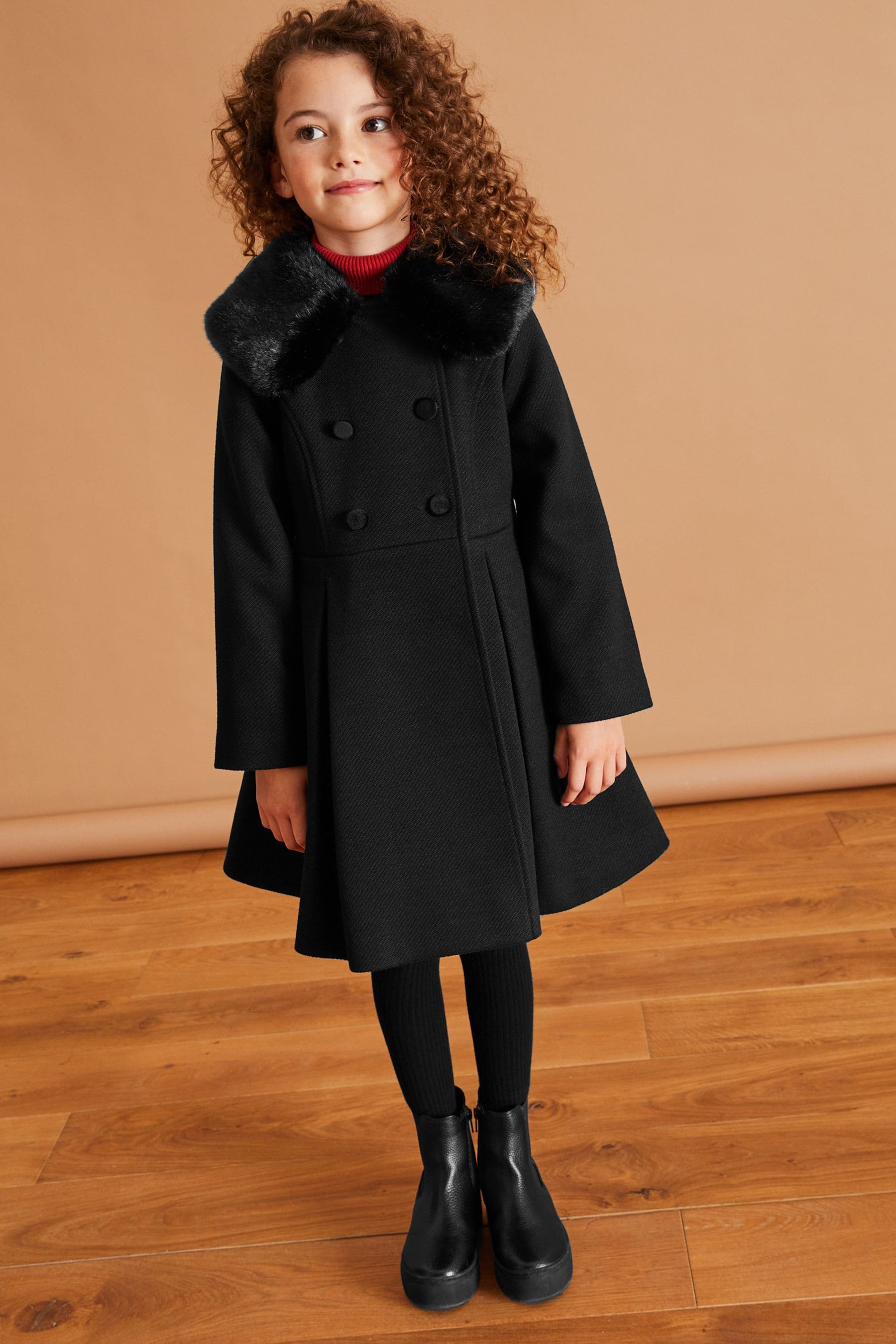 Black Faux Fur Collar Formal Coat (3-16yrs)