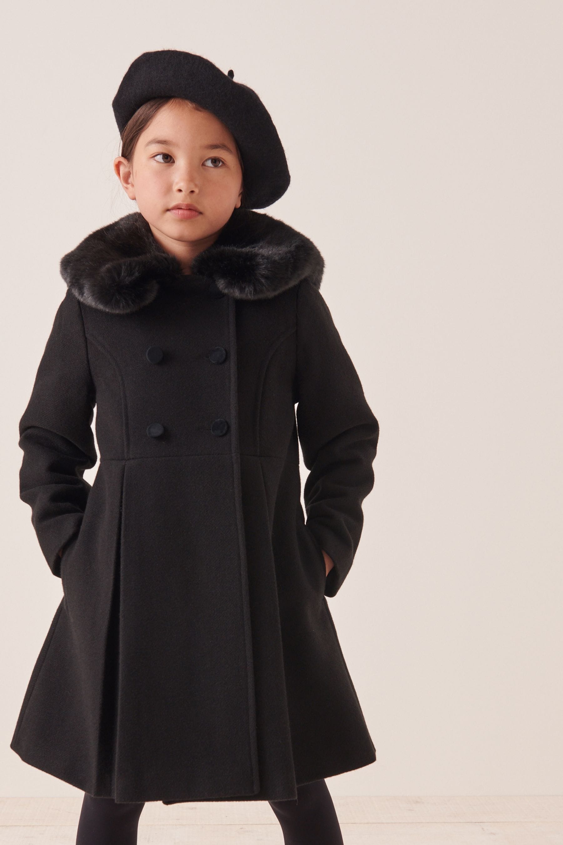 Black Faux Fur Collar Formal Coat (3-16yrs)