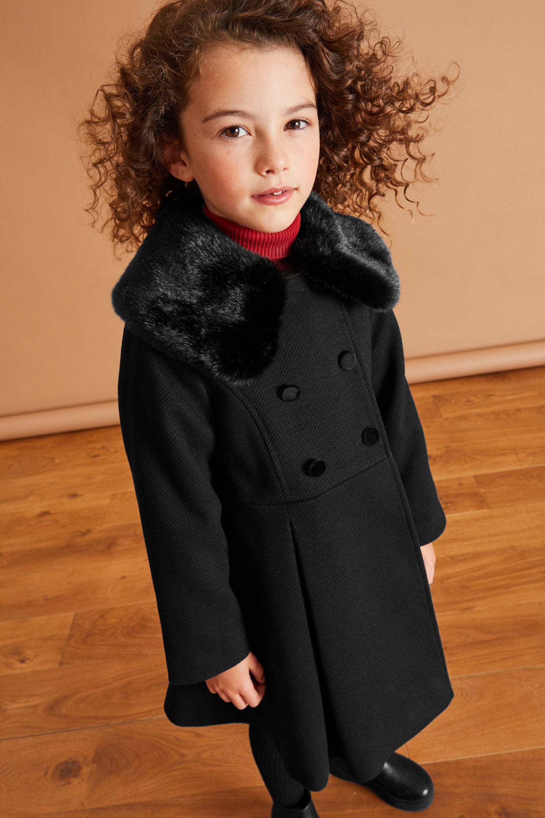 Black Faux Fur Collar Formal Coat (3-16yrs)