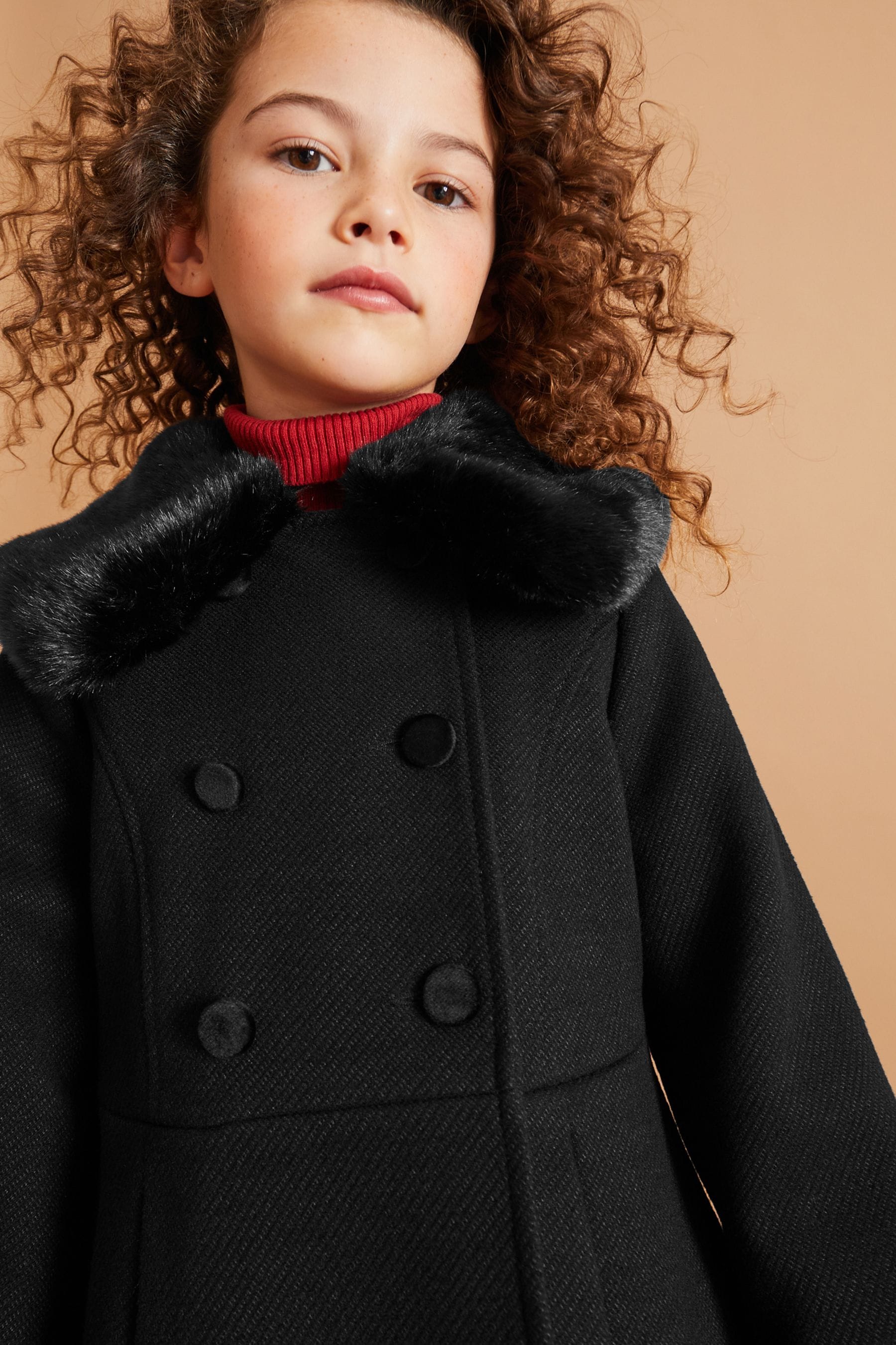 Black Faux Fur Collar Formal Coat (3-16yrs)