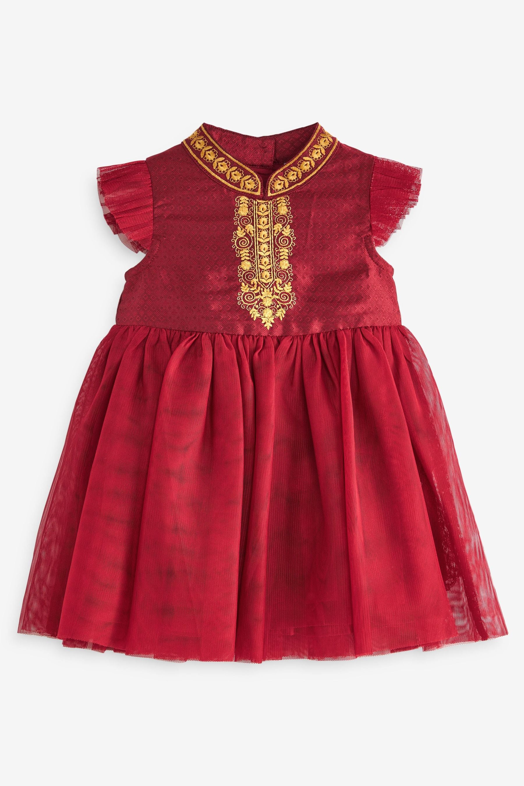 Red/Gold Baby Embroidered Occasion Dress (0mths-2yrs)