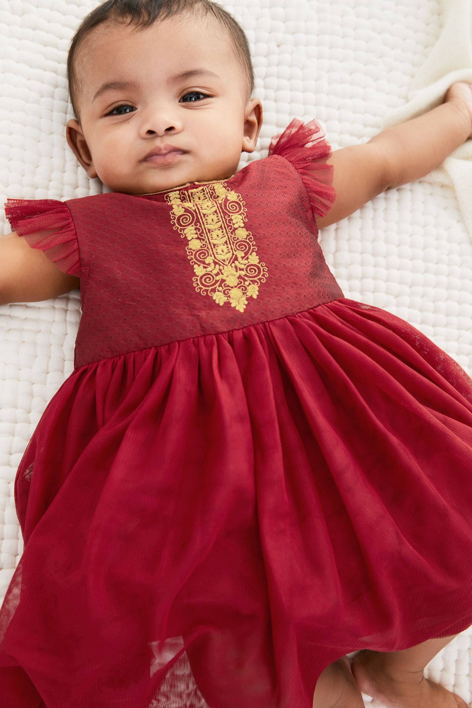 Red/Gold Baby Embroidered Occasion Dress (0mths-2yrs)