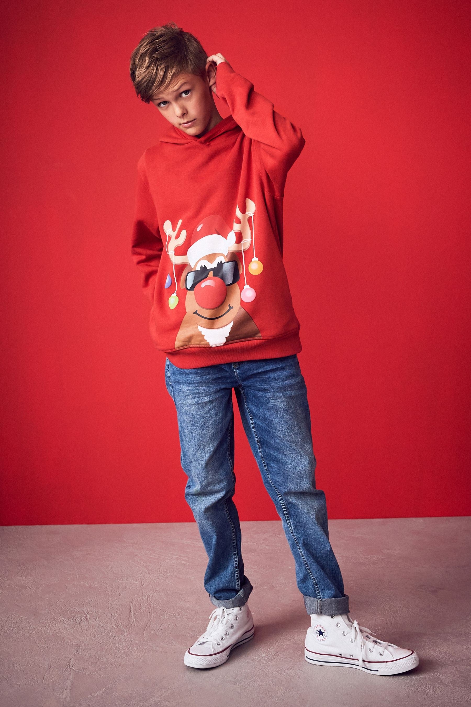 Red Reindeer Christmas Hoodie (3-16yrs)