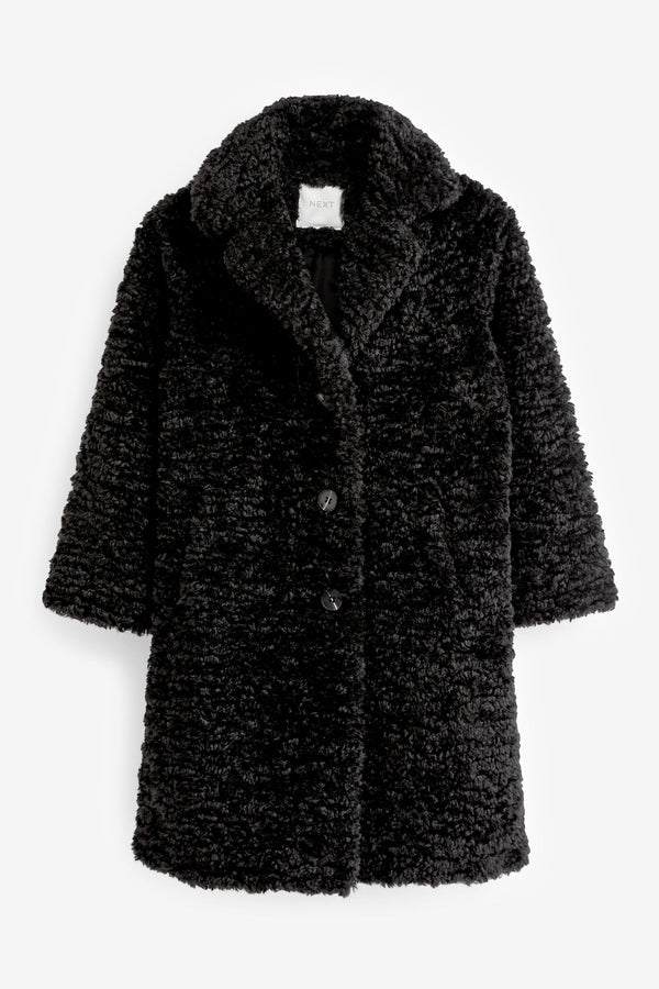 Black Longline Teddy Borg Fleece Coat (3-16yrs)