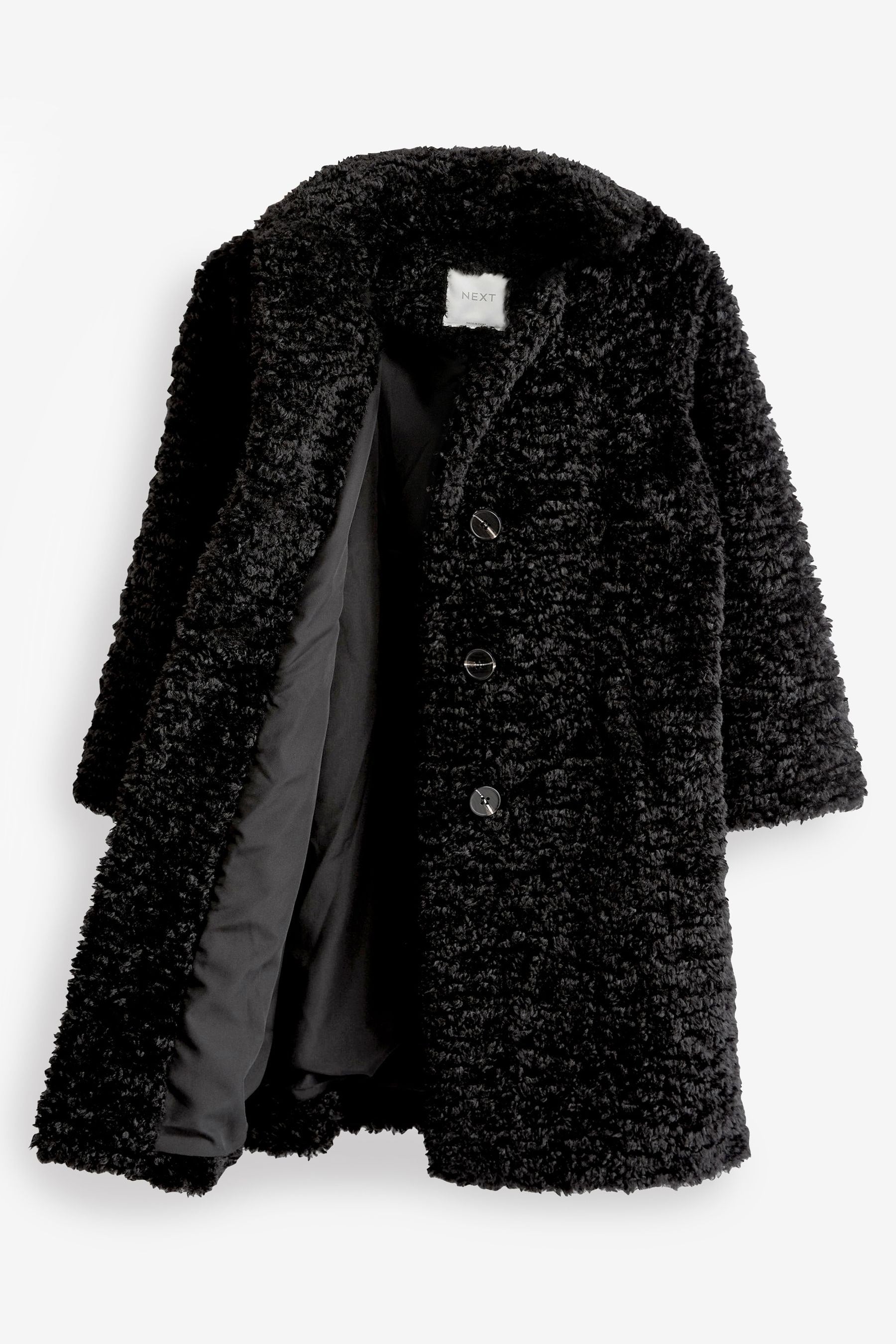 Black Longline Teddy Borg Fleece Coat (3-16yrs)