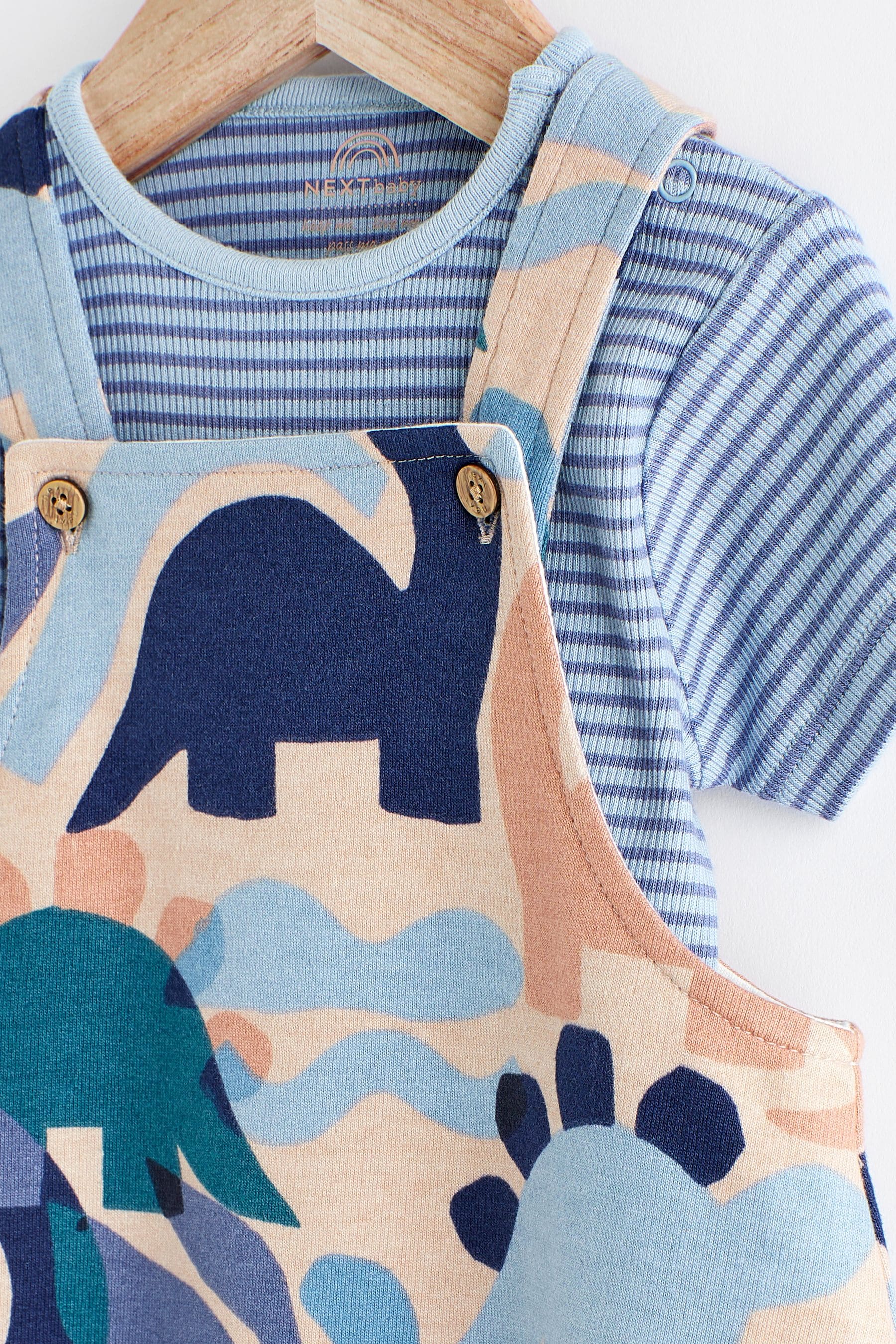 Blue/Neutral Dino Baby Jersey Dungarees and Bodysuit Set (0mths-2yrs)