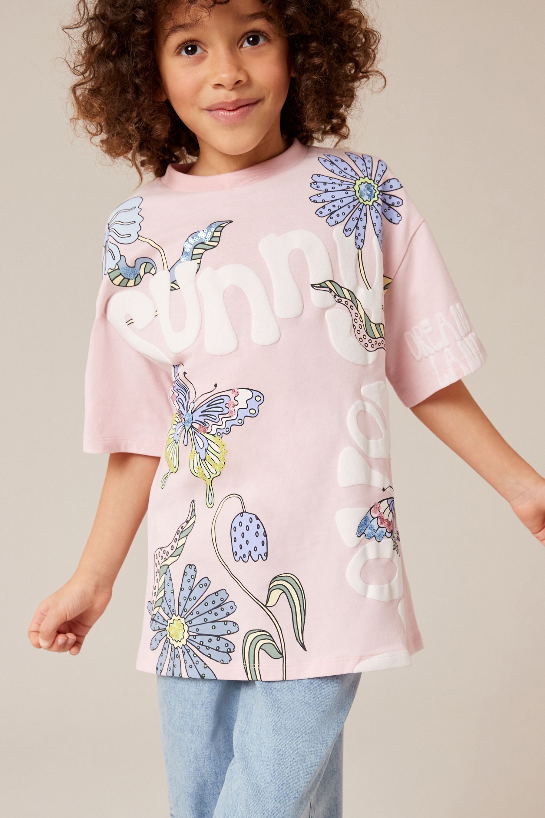 Pink Oversized Embellished Graphic T-Shirt (3-16yrs)