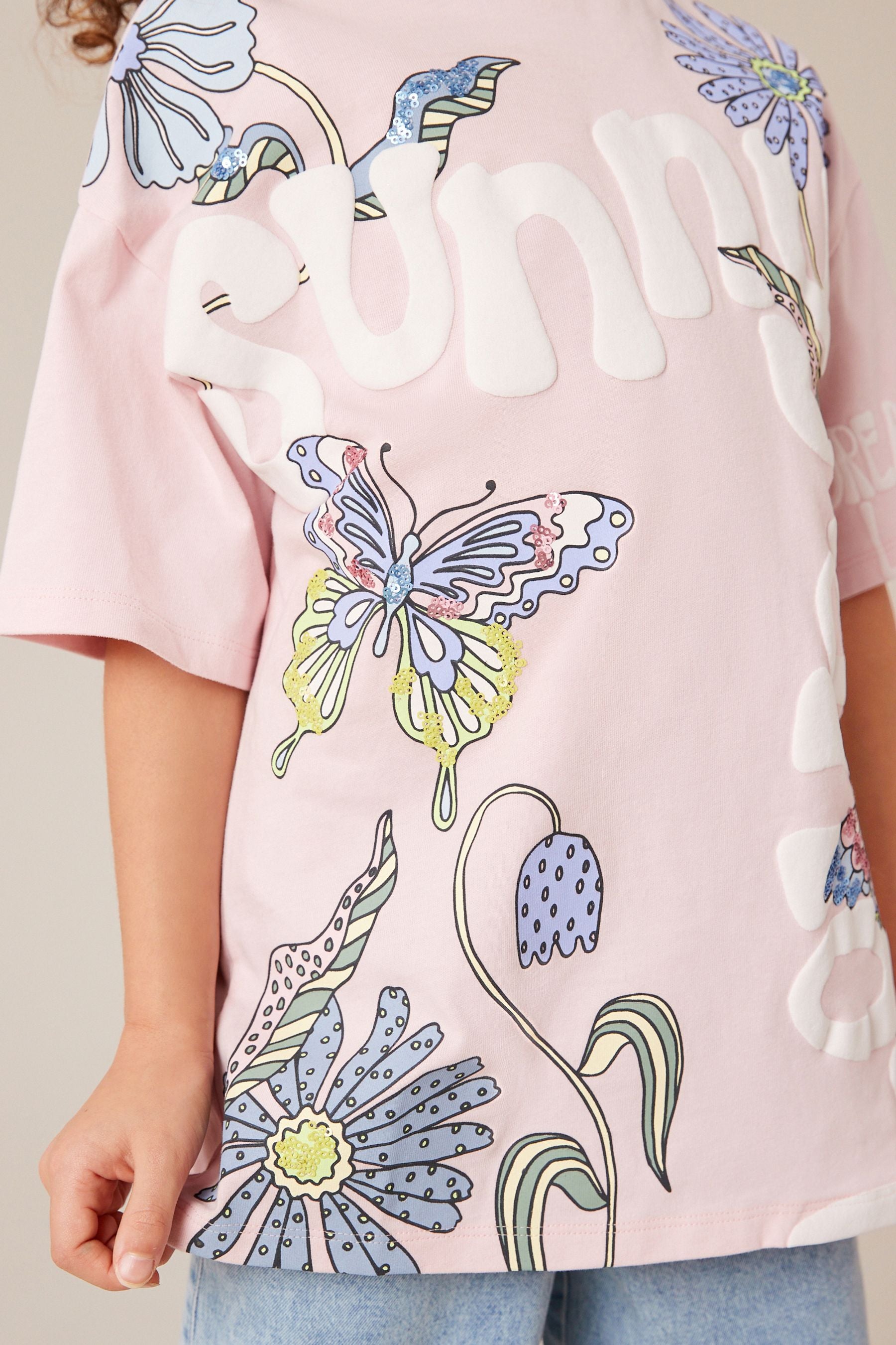 Pink Oversized Embellished Graphic T-Shirt (3-16yrs)