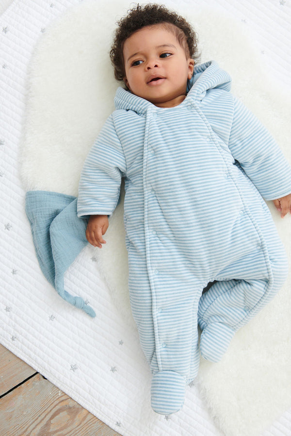 Blue Striped Velour Baby All-In-One Pramsuit (0mths-2yrs)