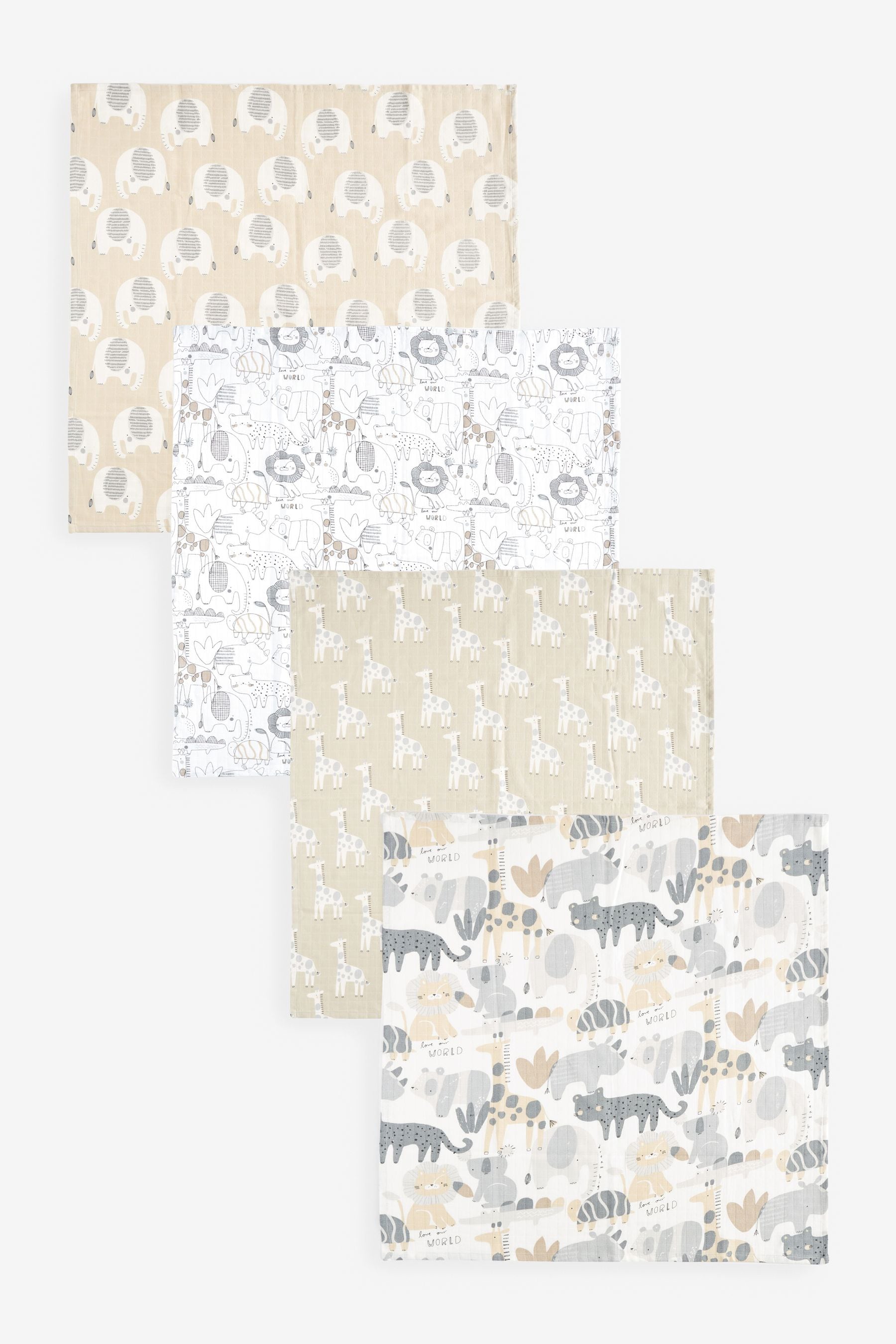 Neutral Elephant Baby Muslin Cloths 4 Packs